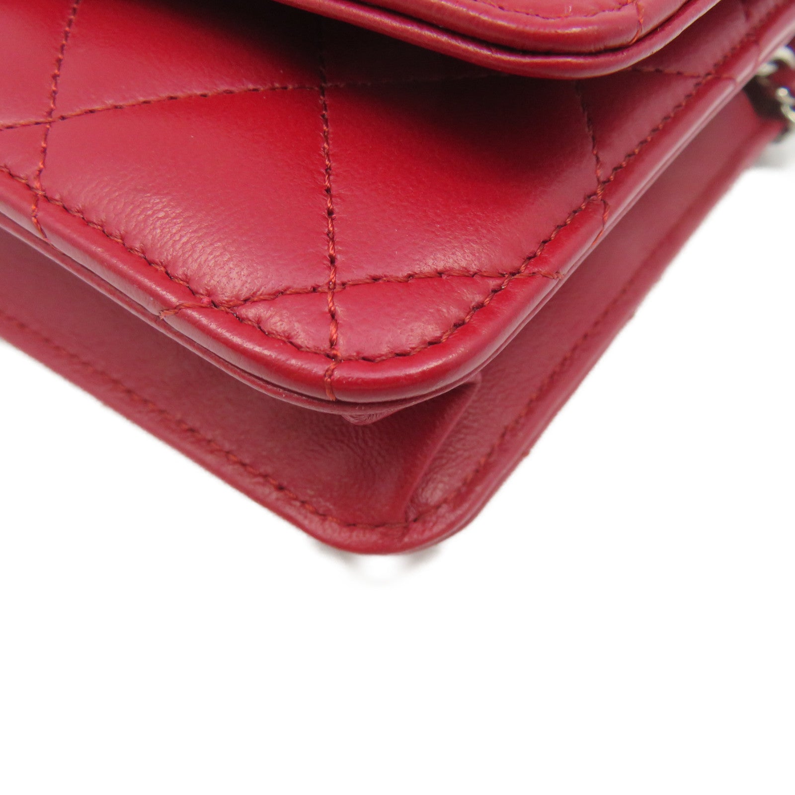 CHANEL 菱格羊皮皮革WOC Chain Shoulder Bag銀扣鏈帶錢包肩背袋紅色