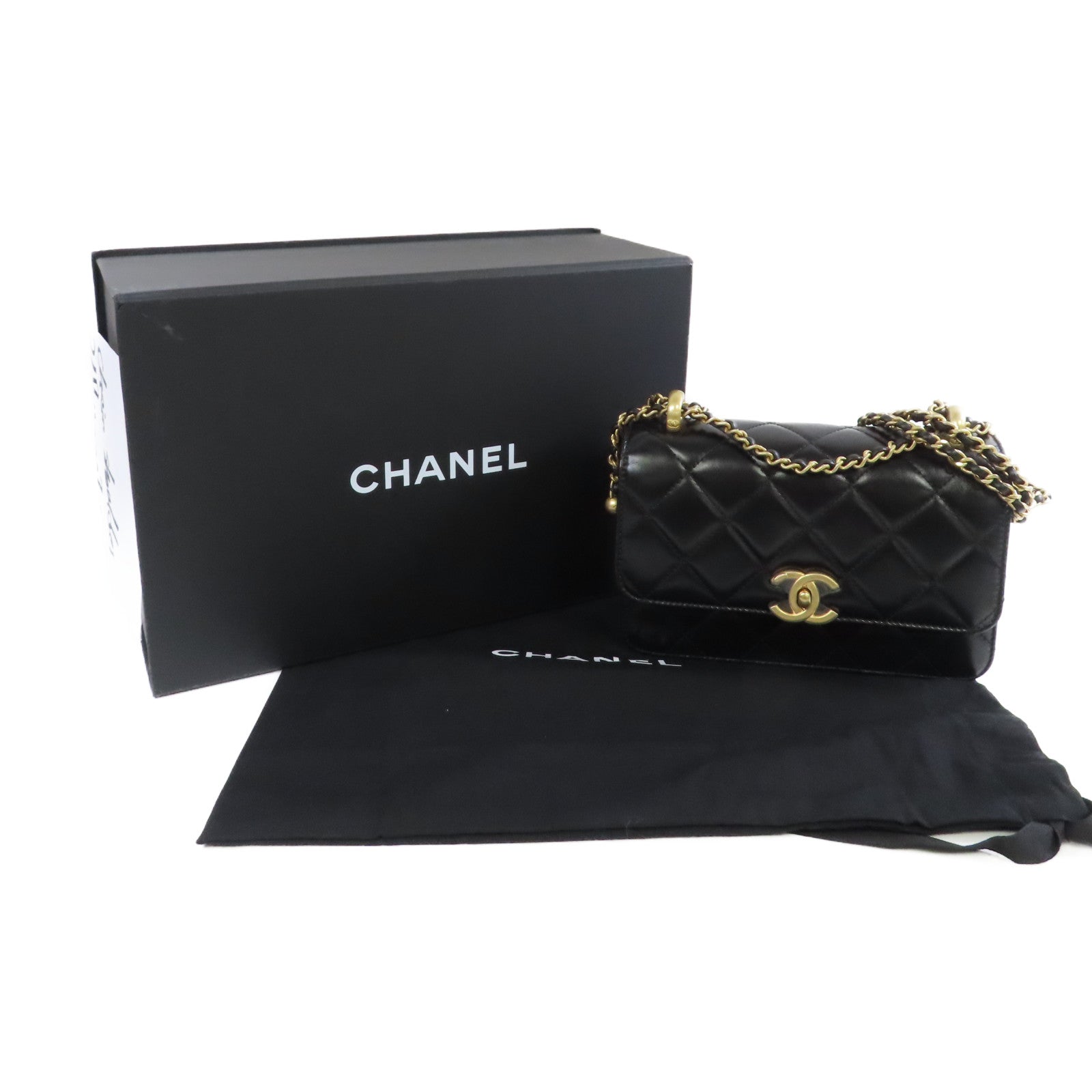 CHANEL 菱格牛皮皮革Chain Shoulder Bag金扣鏈帶肩背袋黑色