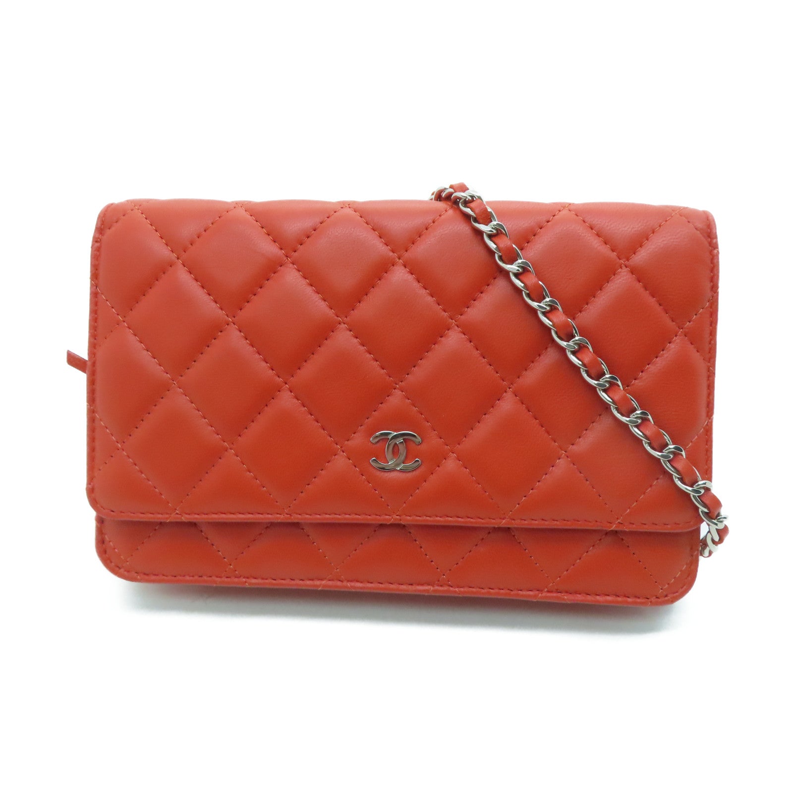 CHANEL Rhombus Sheepskin Leather Chain Shoulder Silver Buckle Chain Shoulder Bag Red