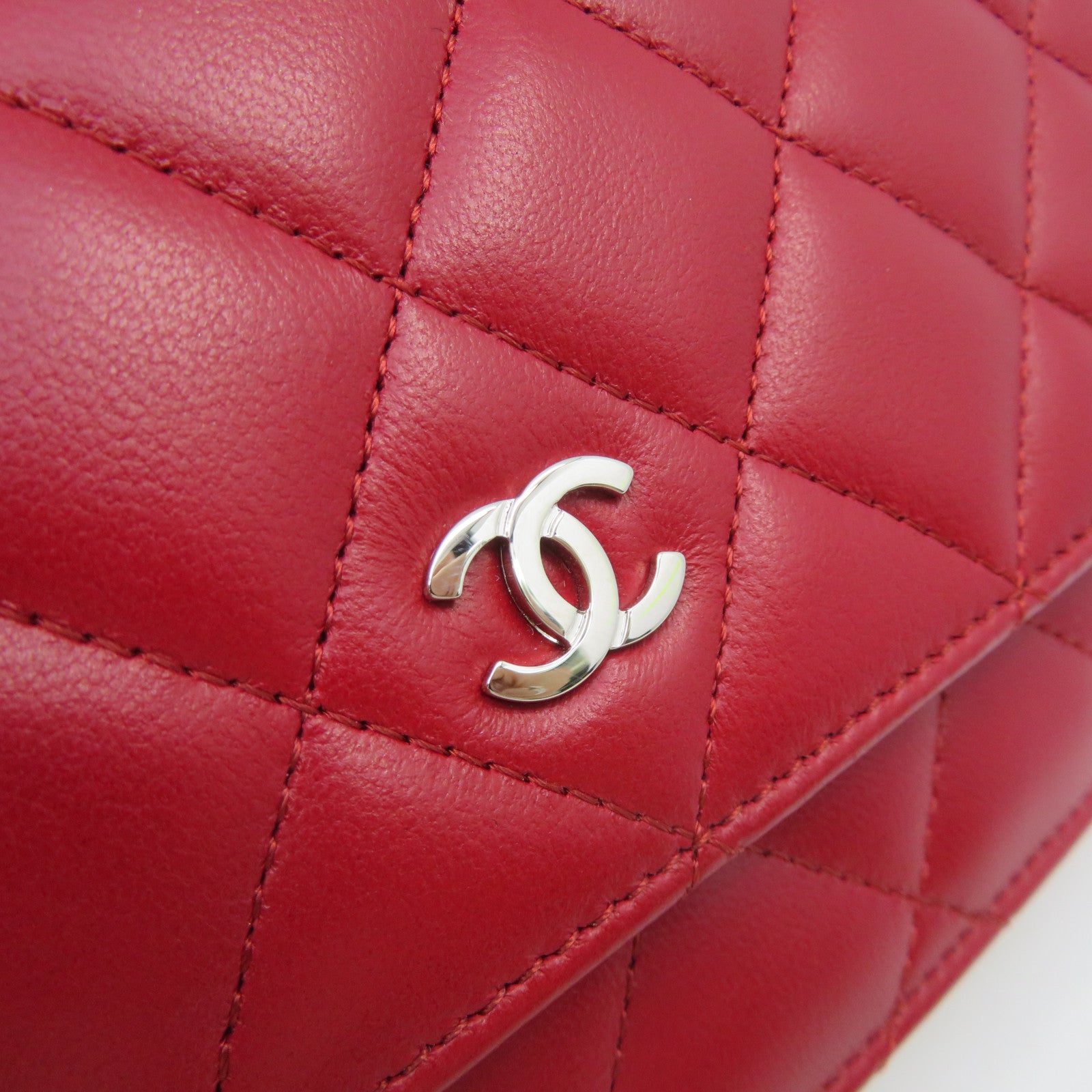 CHANEL 菱格羊皮皮革WOC Chain Shoulder Bag銀扣鏈帶錢包肩背袋紅色