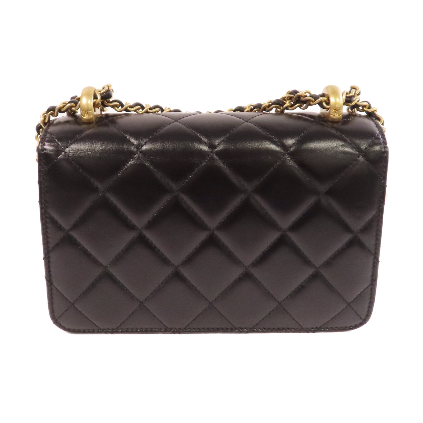 CHANEL 菱格牛皮皮革Chain Shoulder Bag金扣鏈帶肩背袋黑色