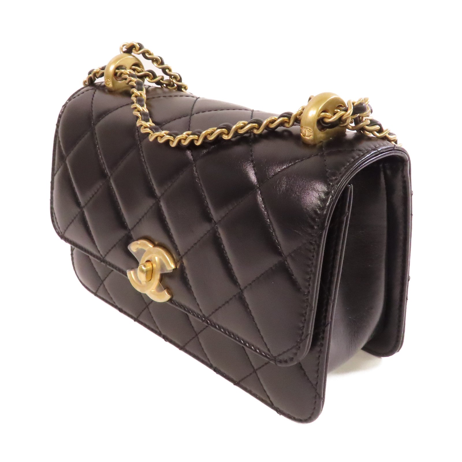 CHANEL 菱格牛皮皮革Chain Shoulder Bag金扣鏈帶肩背袋黑色