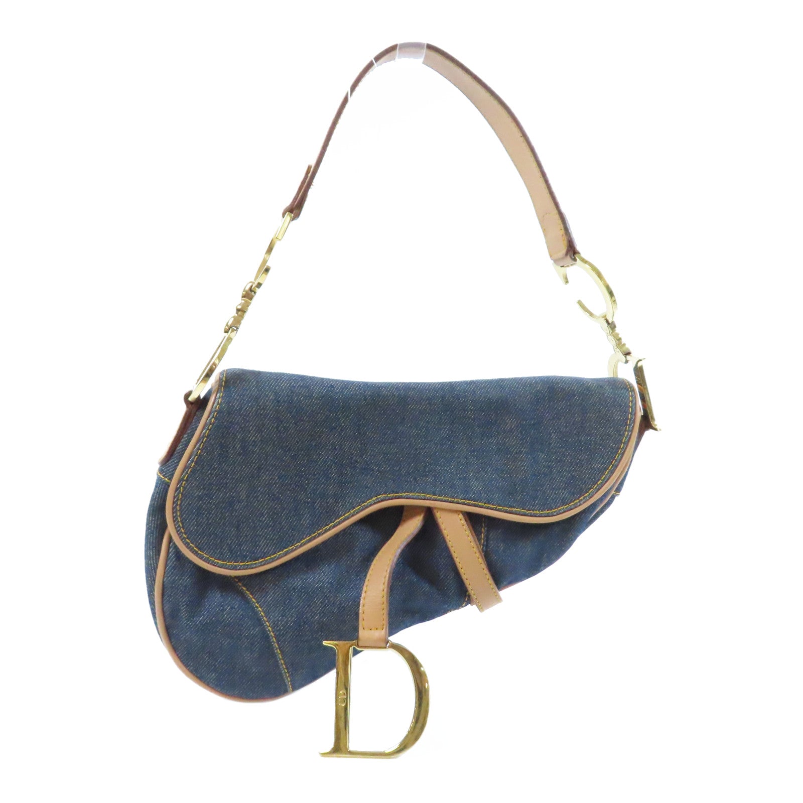Dior 牛仔布/皮革Saddle Handbag金扣肩背袋藍色/啡色