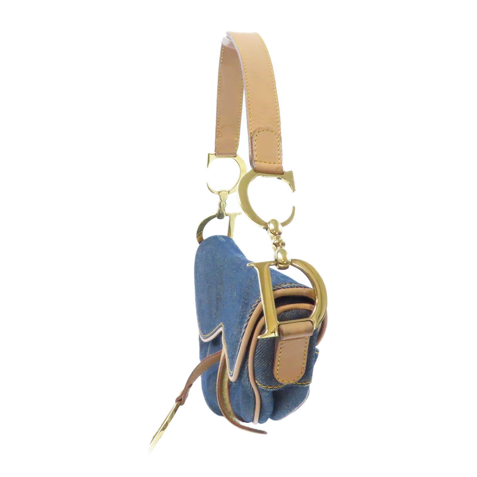 Dior 牛仔布/皮革Saddle Handbag金扣肩背袋藍色/啡色