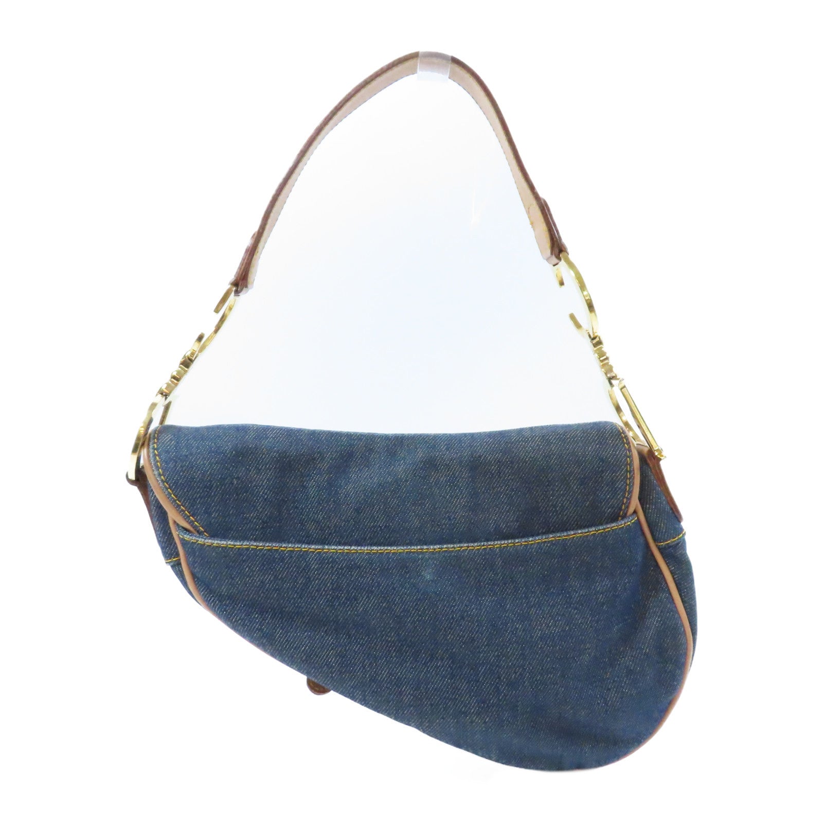 Dior 牛仔布/皮革Saddle Handbag金扣肩背袋藍色/啡色