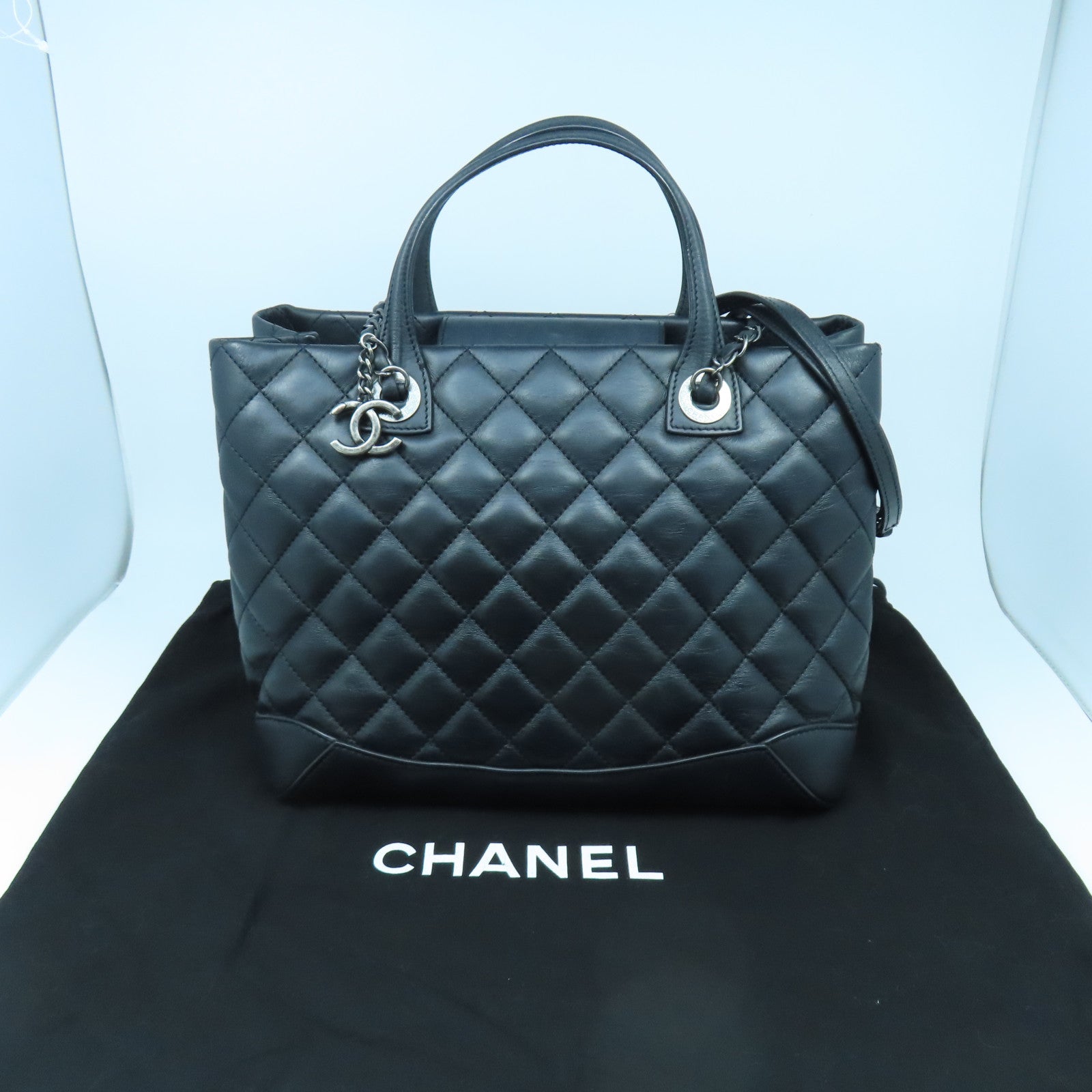 CHANEL 菱格牛皮皮革Chain Shoulder手挽肩背兩用袋黑色