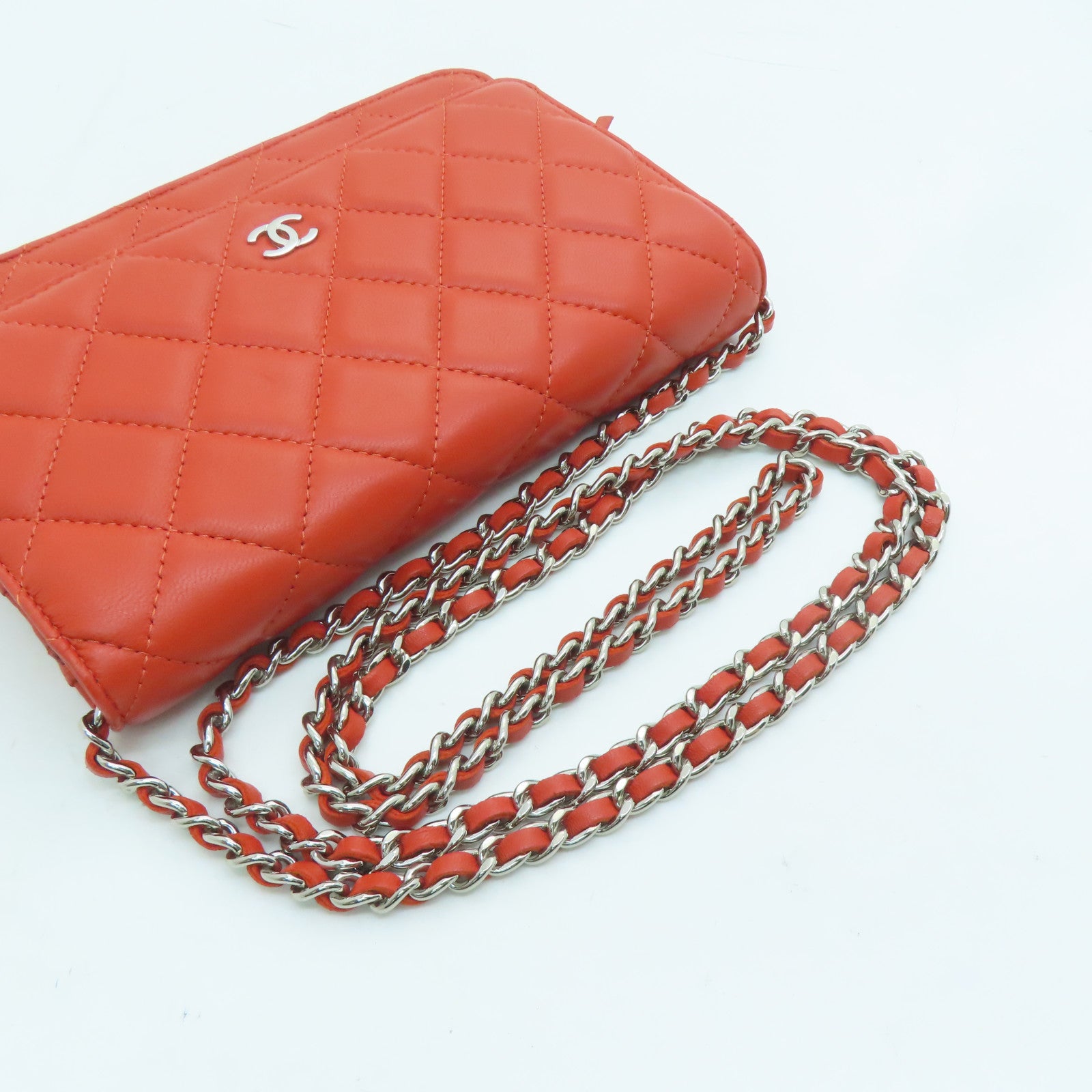 CHANEL Rhombus Sheepskin Leather Chain Shoulder Silver Buckle Chain Shoulder Bag Red