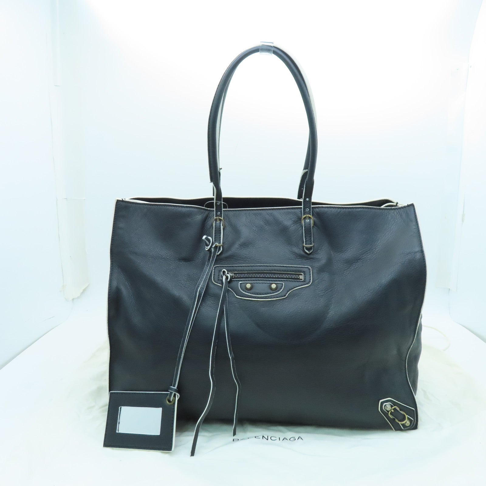 BALENCIAGA Sheepskin Leather Papier A4 Tote Gold Buckle Handle Shoulder Backpack Black