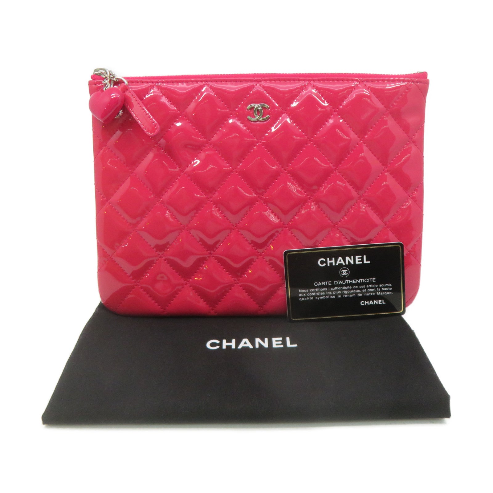 CHANEL 菱格漆皮皮革Clutch銀扣手拿包粉紅色