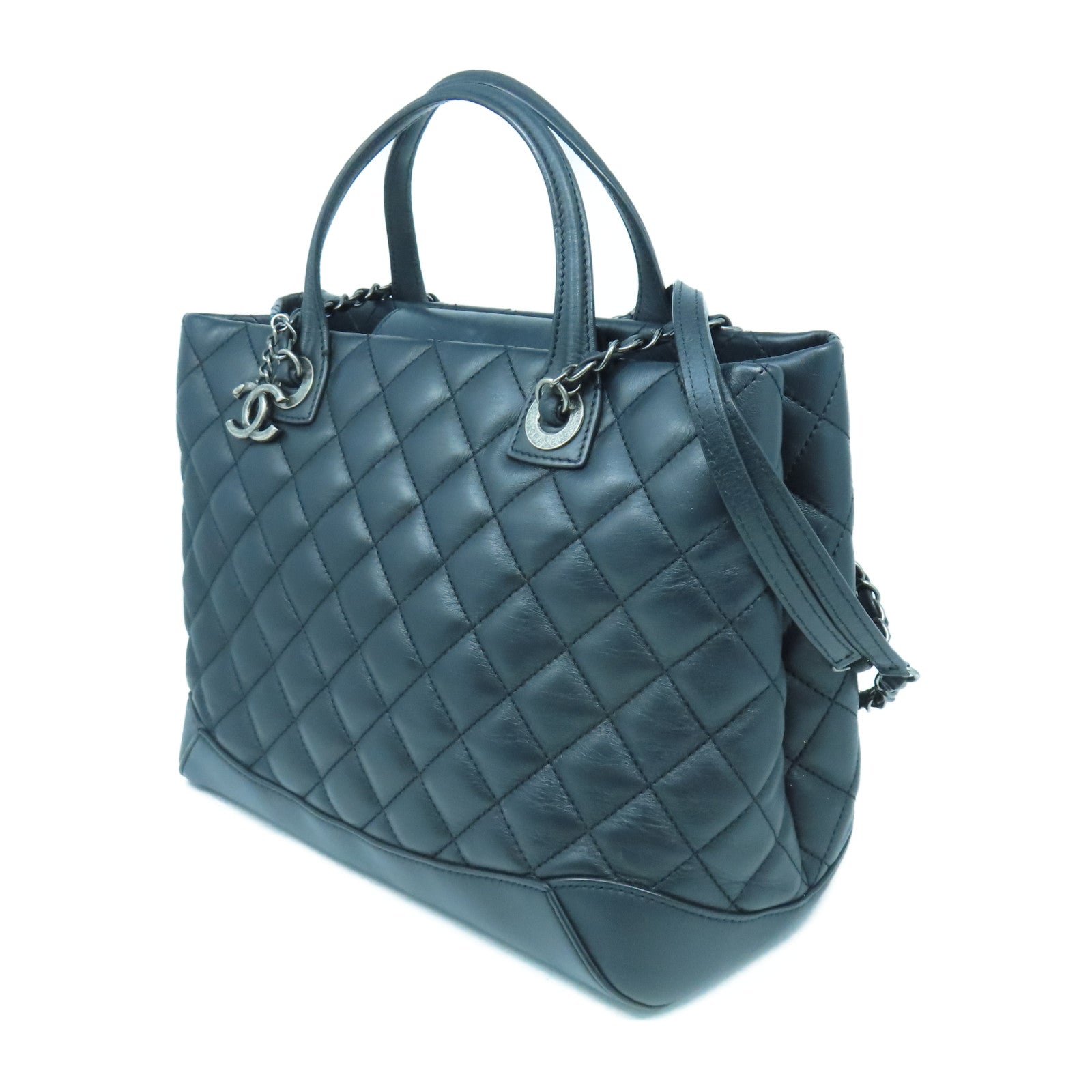 CHANEL 菱格牛皮皮革Chain Shoulder手挽肩背兩用袋黑色