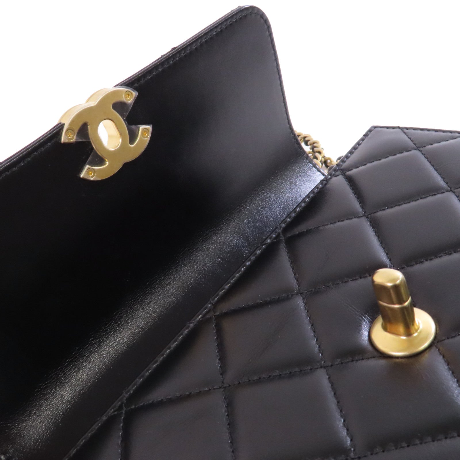 CHANEL 菱格牛皮皮革Chain Shoulder Bag金扣鏈帶肩背袋黑色