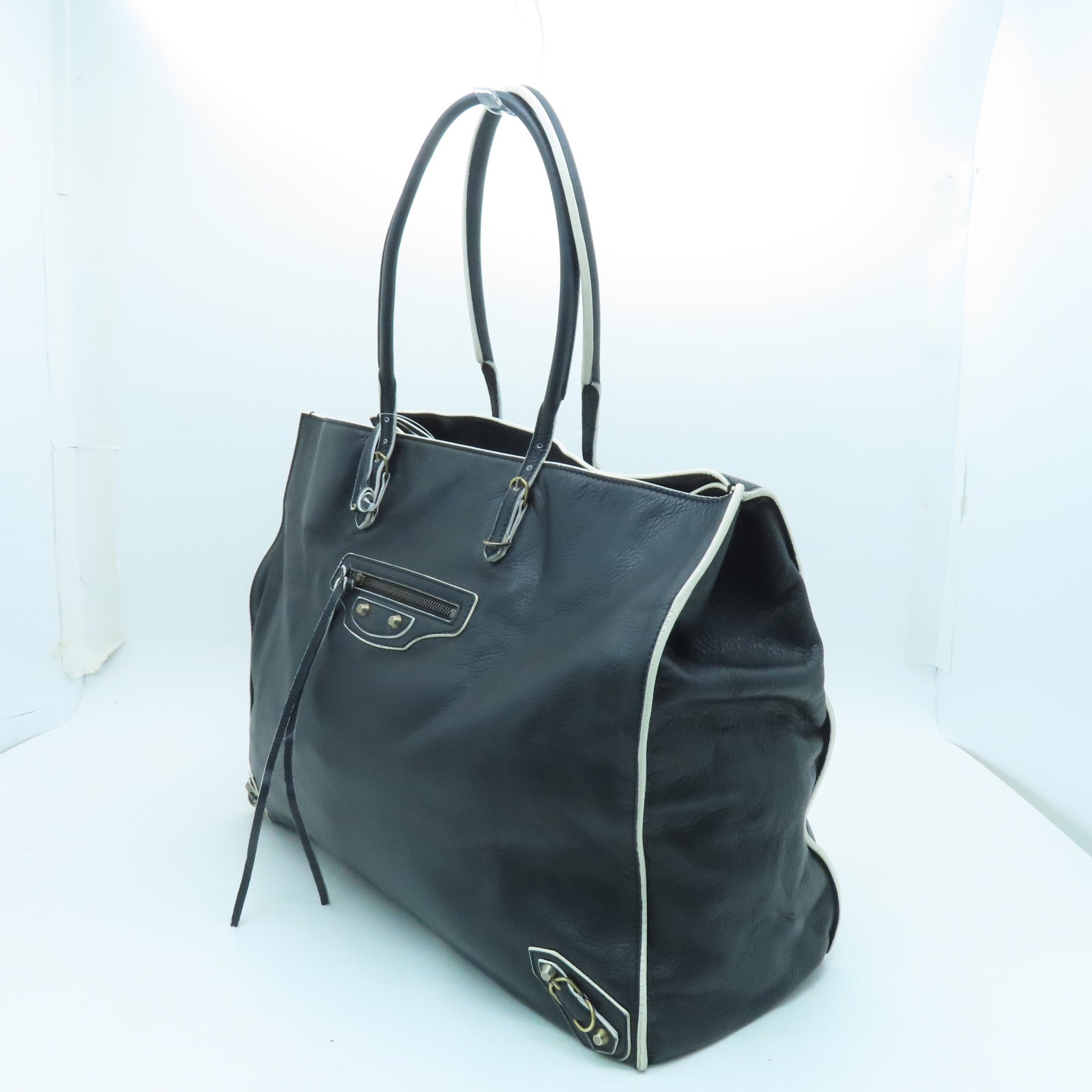 BALENCIAGA Sheepskin Leather Papier A4 Tote Gold Buckle Handle Shoulder Backpack Black
