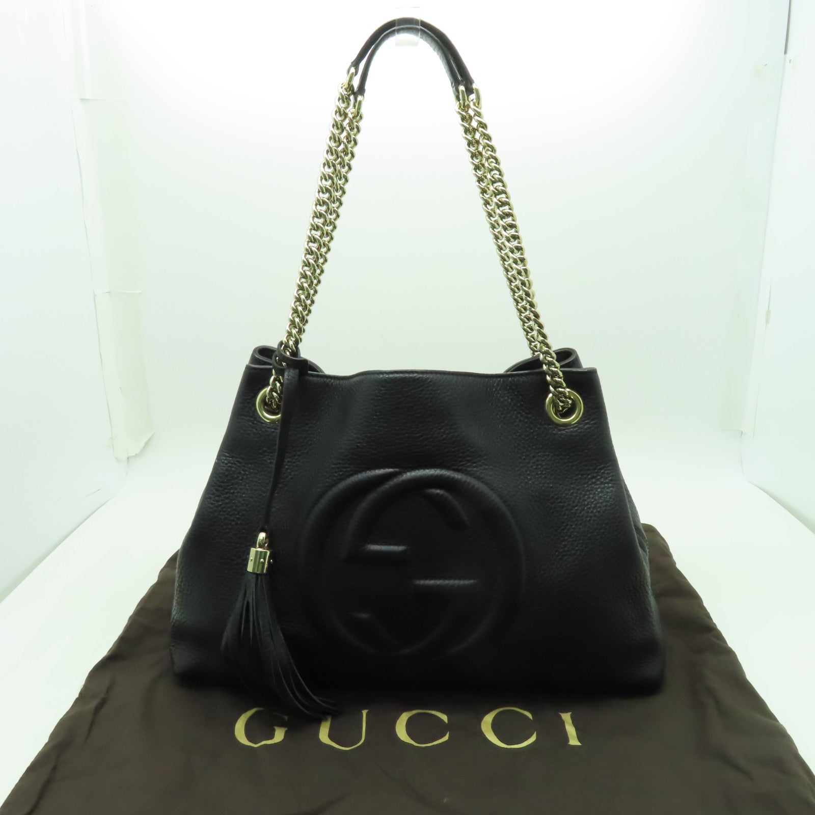 GUCCI 牛皮皮革Chain Shoulder Bag金扣鏈帶肩背袋黒色
