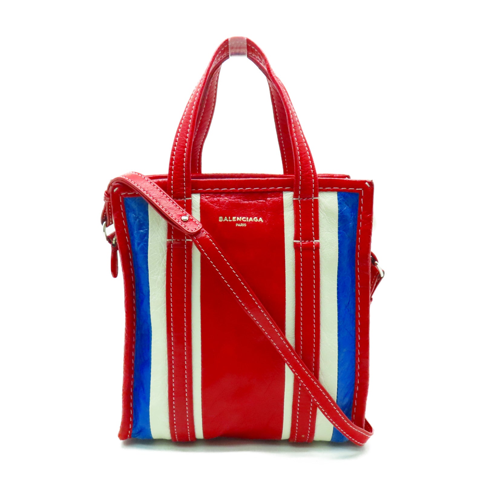 BALENCIAGA 【激減優惠】牛皮皮革Bazar銀扣手挽肩背兩用袋紅色/白色/藍色