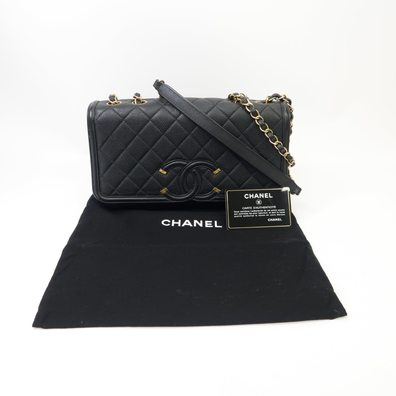 CHANEL 菱格Caviar皮革Chain Shoulder Bag金扣鏈帶肩背袋黒色