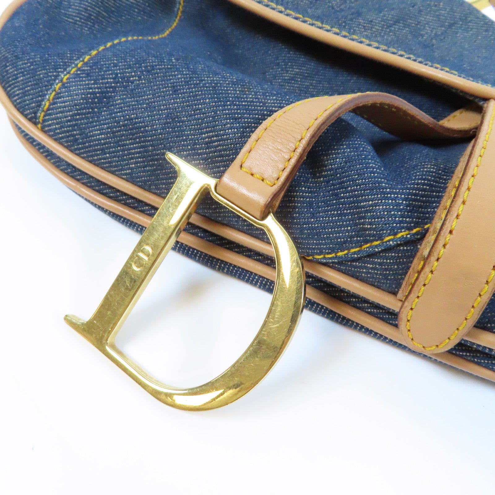 Dior 牛仔布/皮革Saddle Handbag金扣肩背袋藍色/啡色
