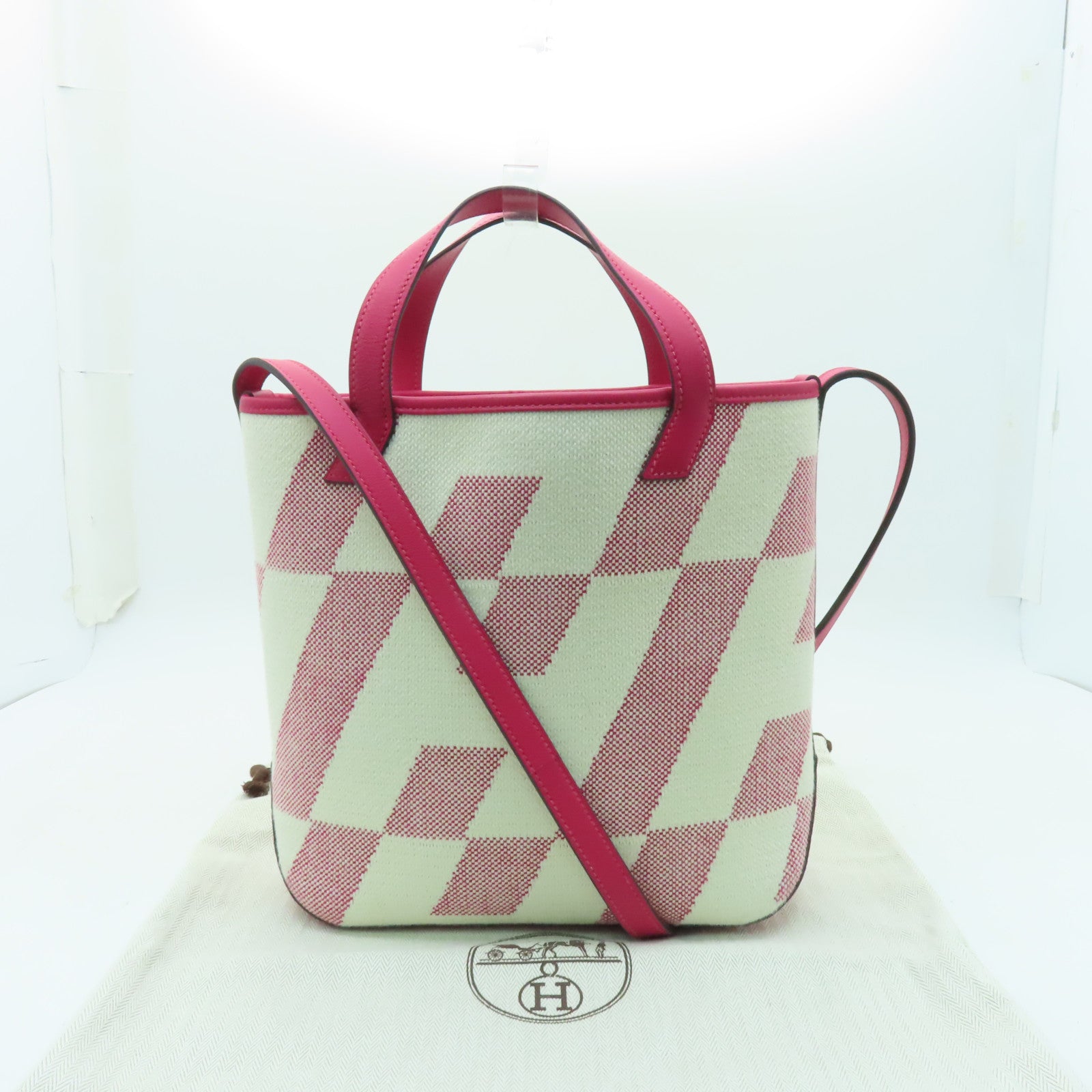 HERMES 帆布Cabas H en Biais手挽肩背兩用袋Rose Shocking粉紅色