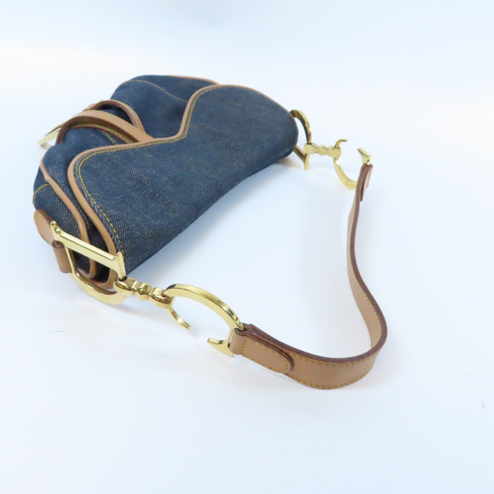 Dior 牛仔布/皮革Saddle Handbag金扣肩背袋藍色/啡色