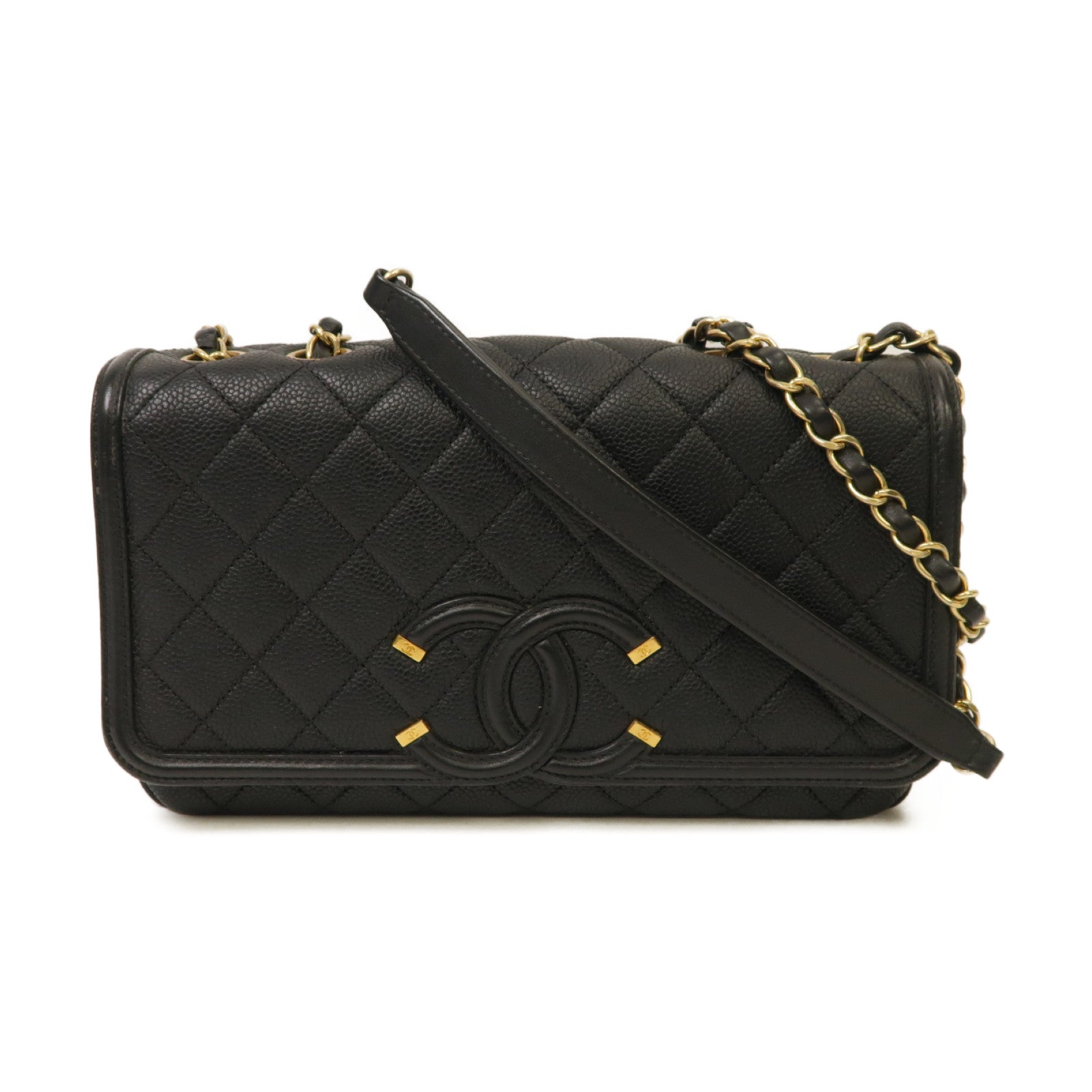 CHANEL 菱格Caviar皮革Chain Shoulder Bag金扣鏈帶肩背袋黒色