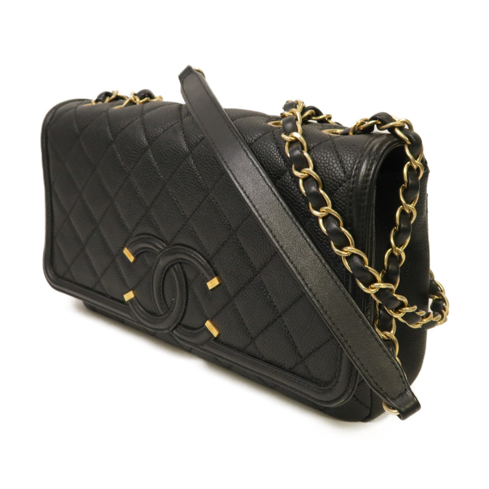 CHANEL 菱格Caviar皮革Chain Shoulder Bag金扣鏈帶肩背袋黒色