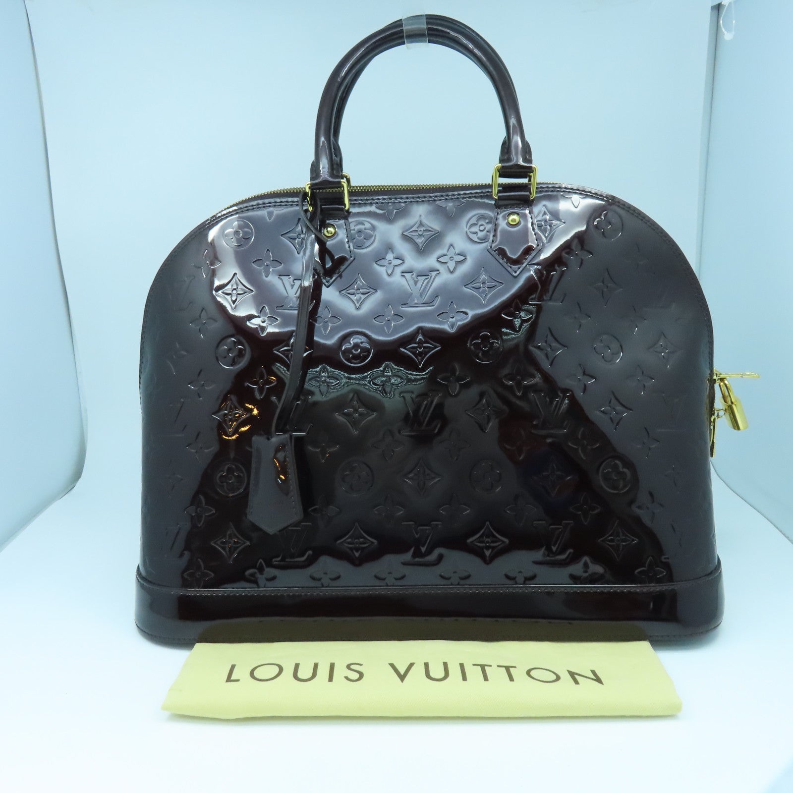 LOUIS VUITTON Monogram Vernis Alma GM金扣手挽袋紫色
