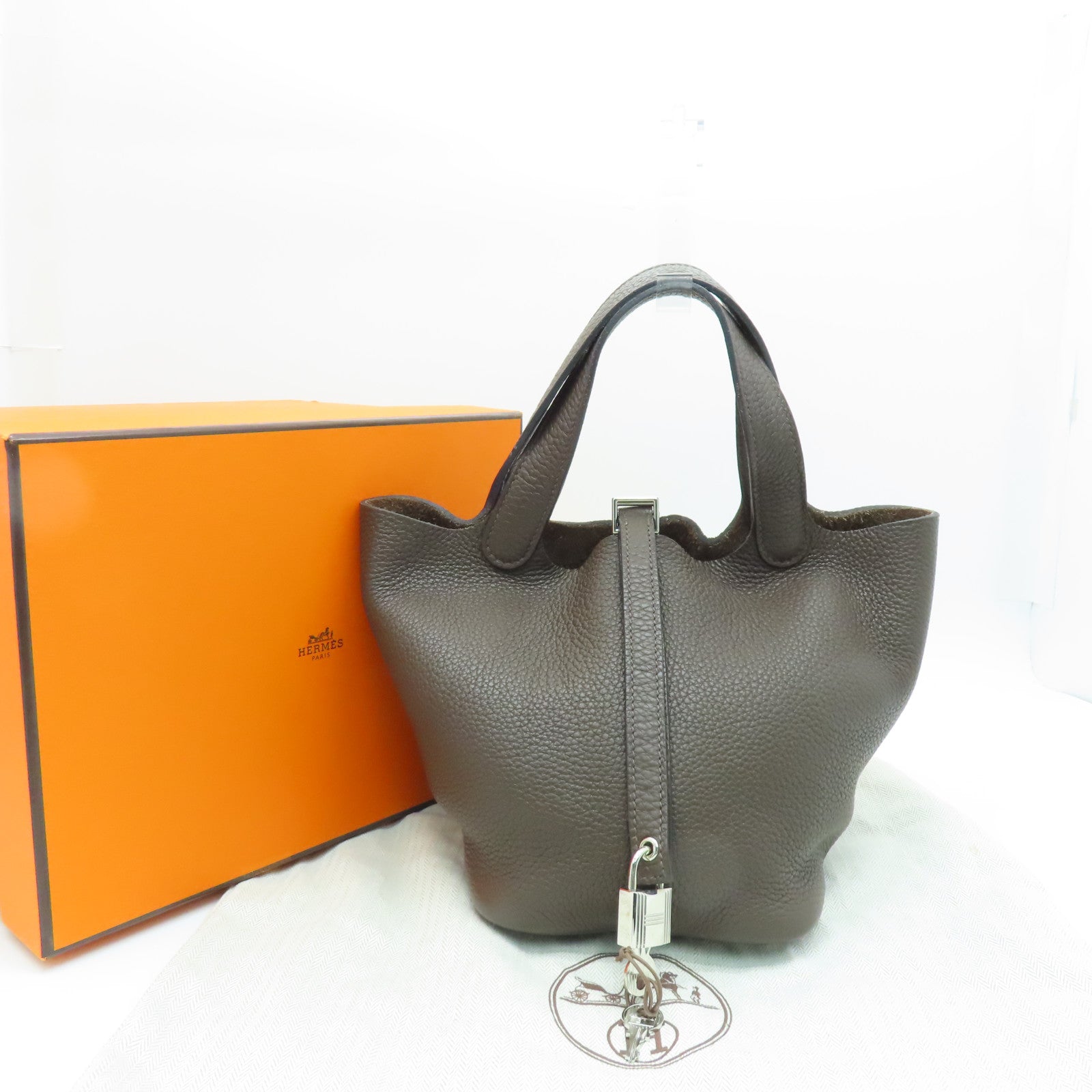 HERMES Clemence皮革Picotin PM银扣手挽袋Cacao啡色
