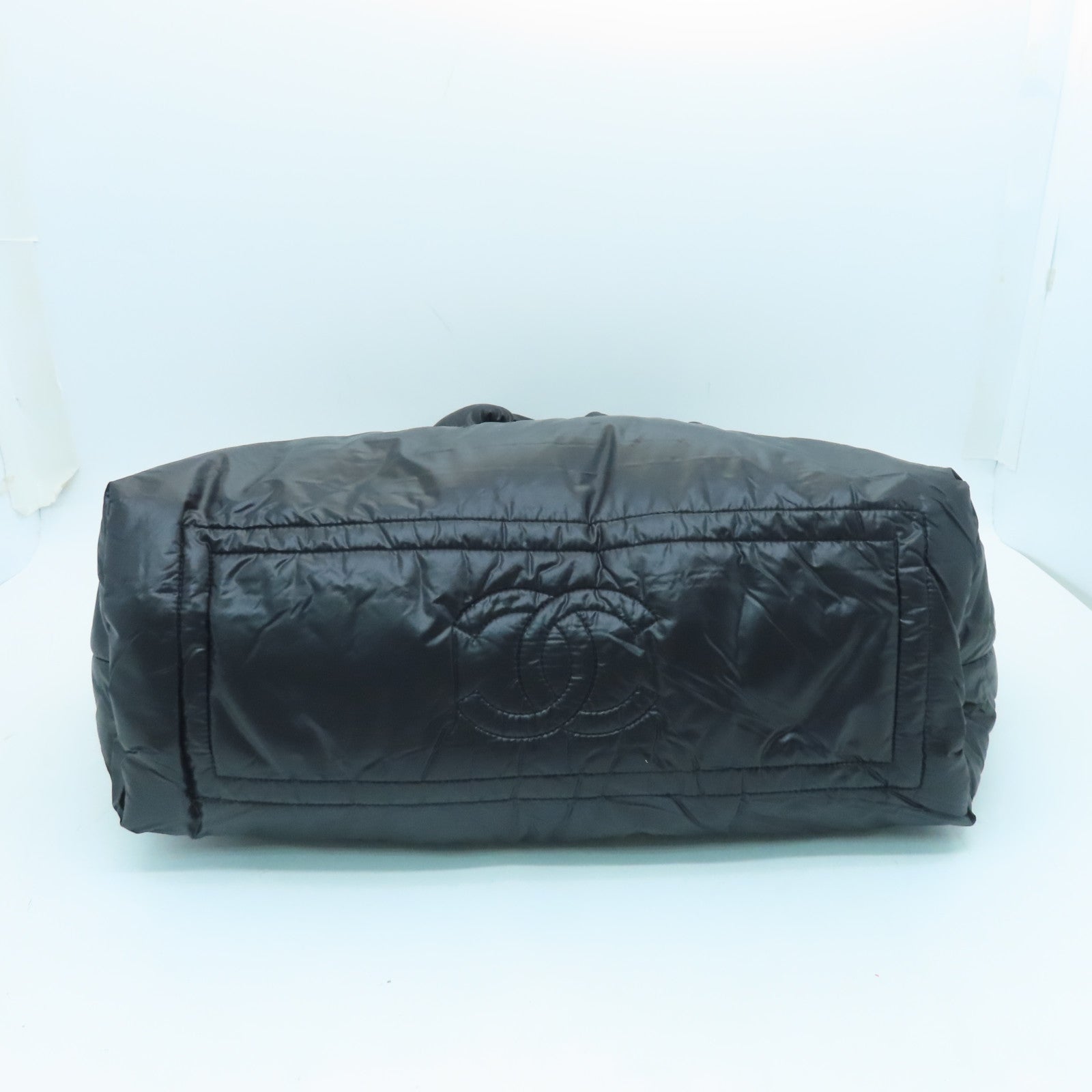 CHANEL nylon Coco Cocoon silver buckle handle bag black