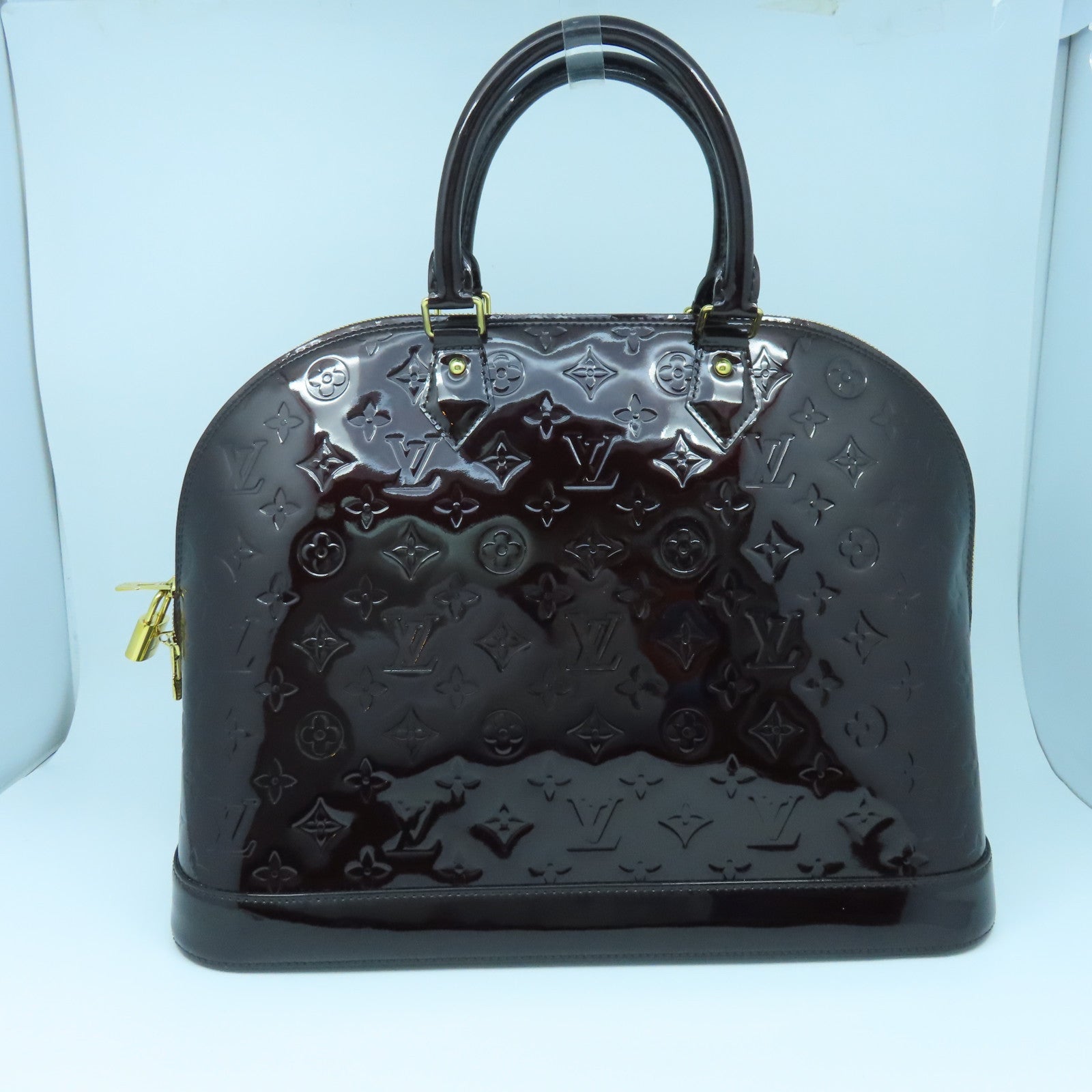 LOUIS VUITTON Monogram Vernis Alma GM金扣手挽袋紫色