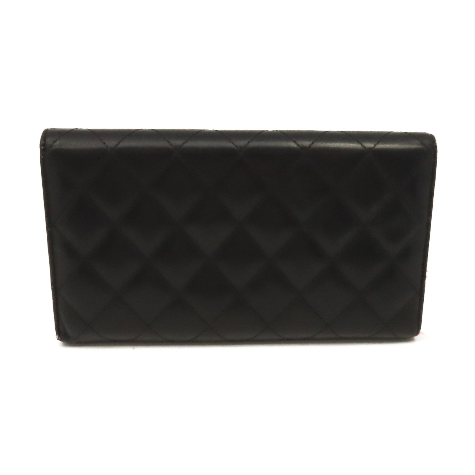 CHANEL 菱格牛皮皮革Cambon Long Wallet銀扣長錢包黑色/粉紅色