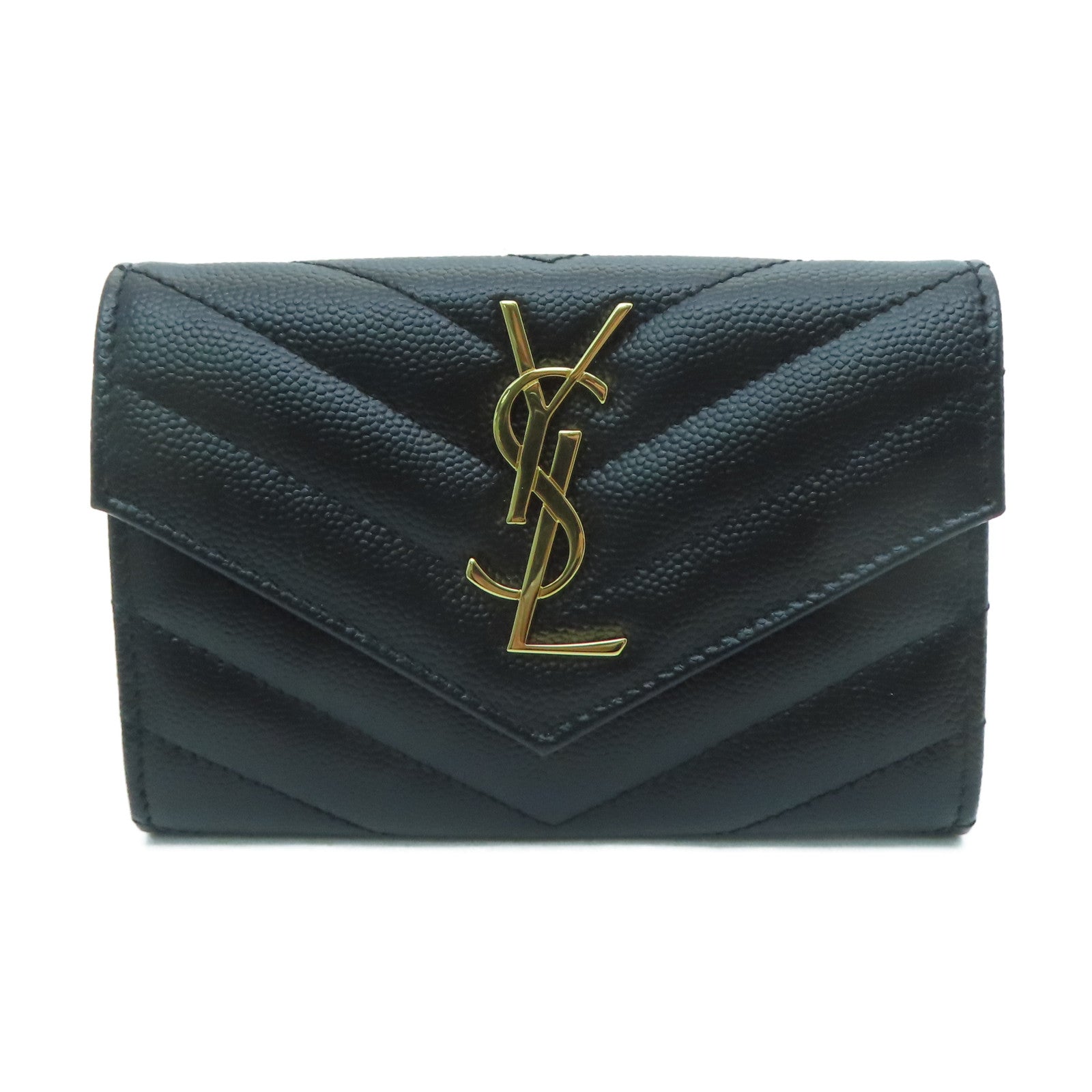 SAINT LAURENT Twill Calfskin Leather Card Case Gold Buckle Black