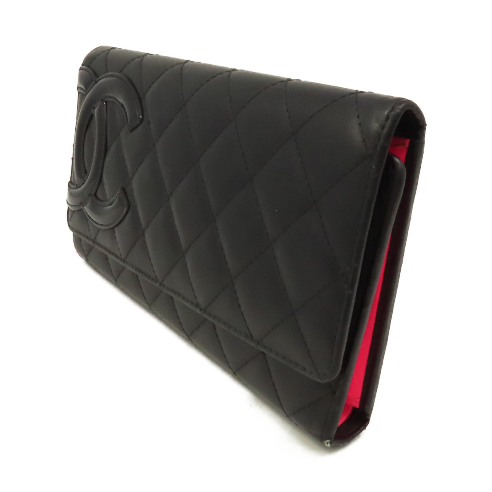 CHANEL 菱格牛皮皮革Cambon Long Wallet銀扣長錢包黑色/粉紅色