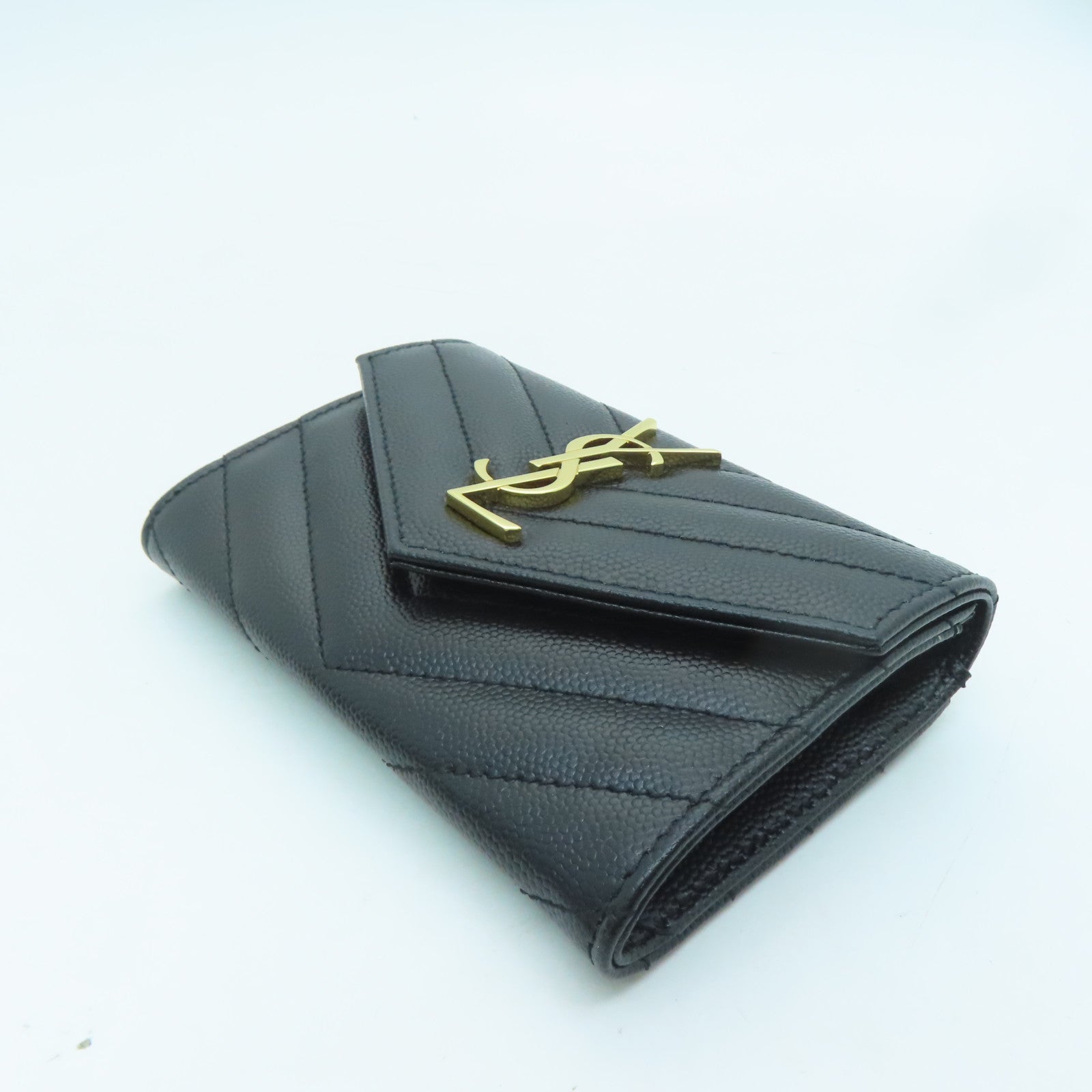 SAINT LAURENT Twill Calfskin Leather Card Case Gold Buckle Black