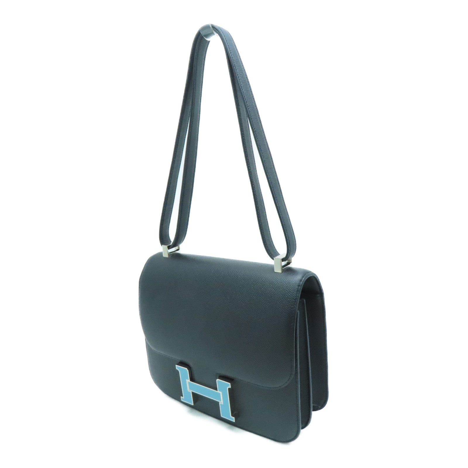 HERMES 【激减优惠】Epsom皮革Constance 24 Enamel银扣肩背袋Noir/黑色