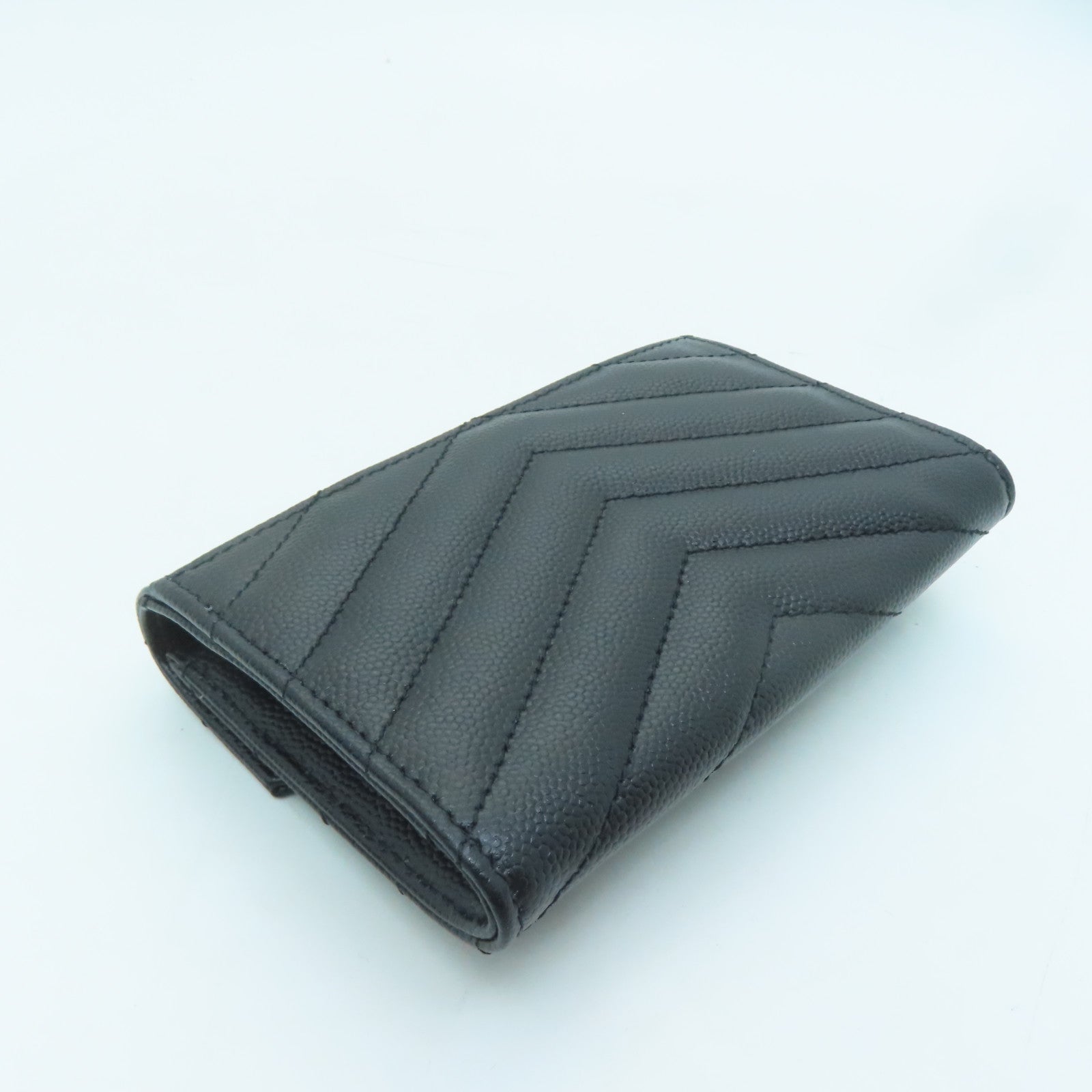 SAINT LAURENT Twill Calfskin Leather Card Case Gold Buckle Black