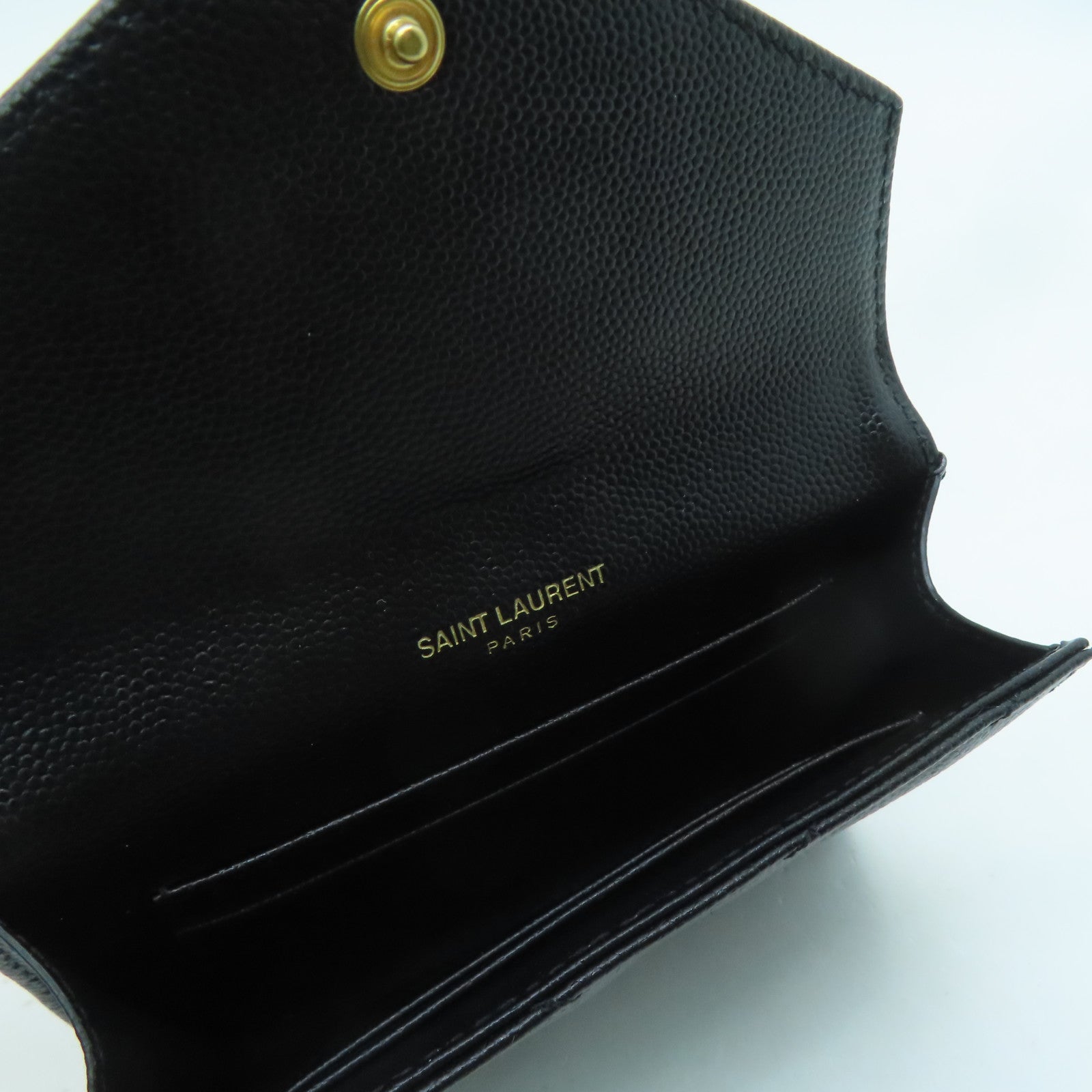 SAINT LAURENT Twill Calfskin Leather Card Case Gold Buckle Black