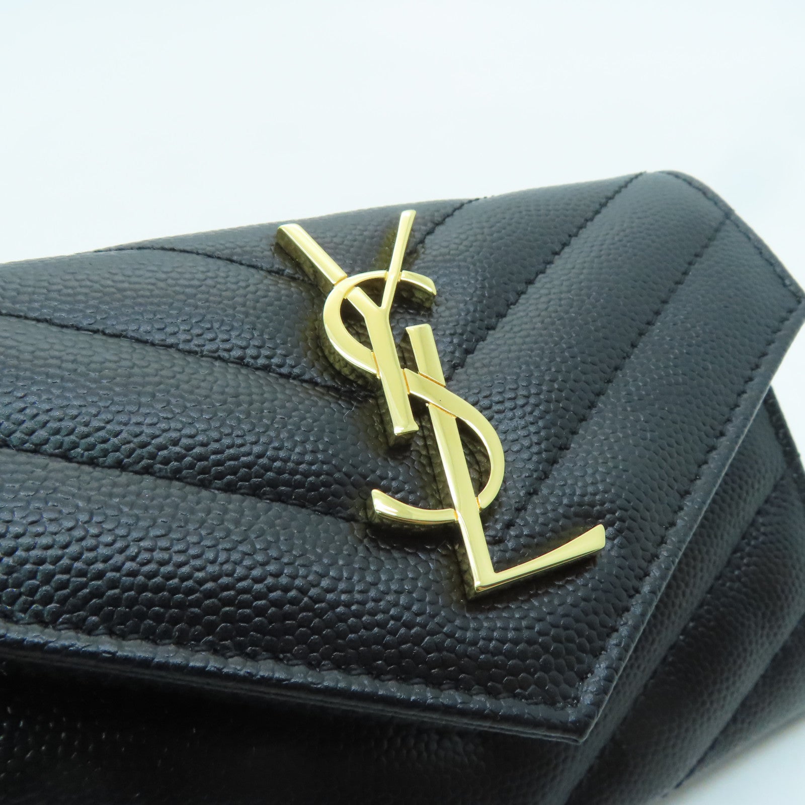 SAINT LAURENT Twill Calfskin Leather Card Case Gold Buckle Black