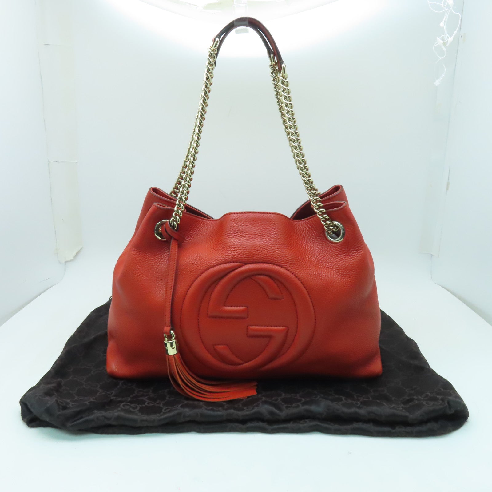 GUCCI 牛皮皮革Chain Shoulder金扣肩背袋橙紅色