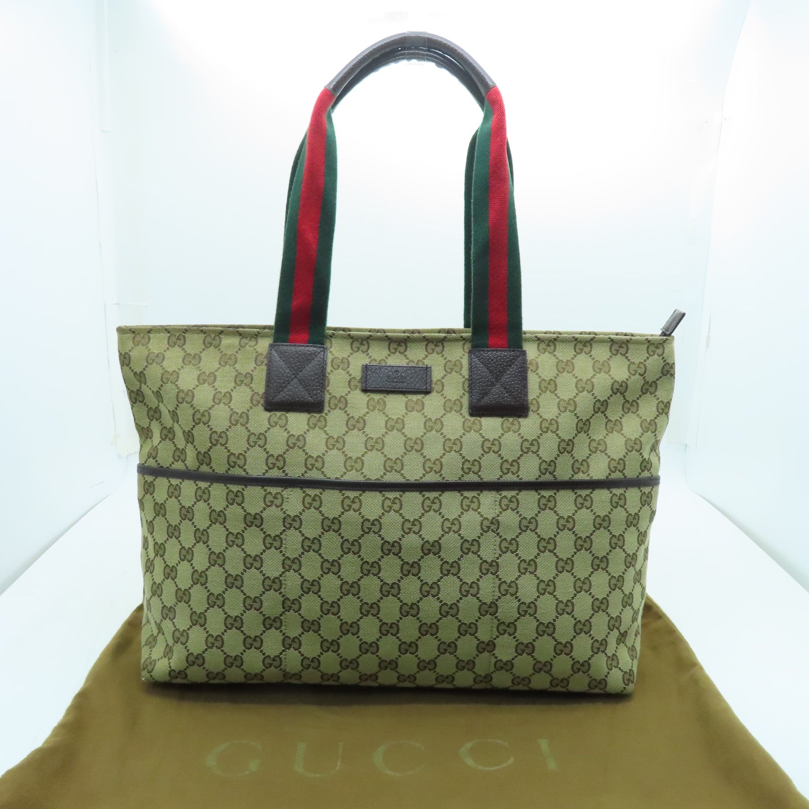 GUCCI canvas Tote Bag silver buckle handle shoulder bag brown