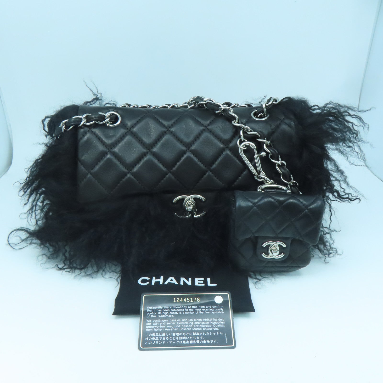 CHANEL rhombic cowhide leather / furry Chain Shoulder Bag silver buckle chain shoulder bag black