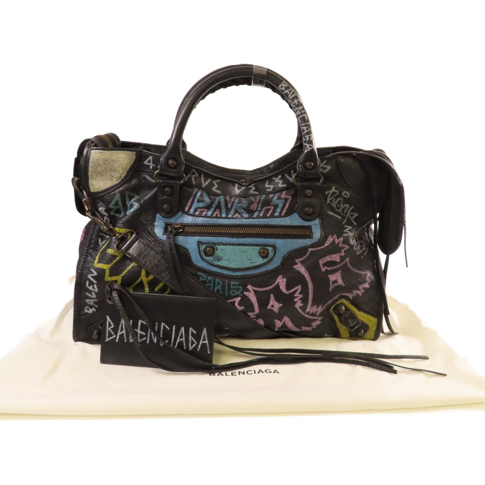 BALENCIAGA 牛皮皮革Graffiti City 2way Shoulder Bag金扣手挽肩背兩用袋黑色/彩色