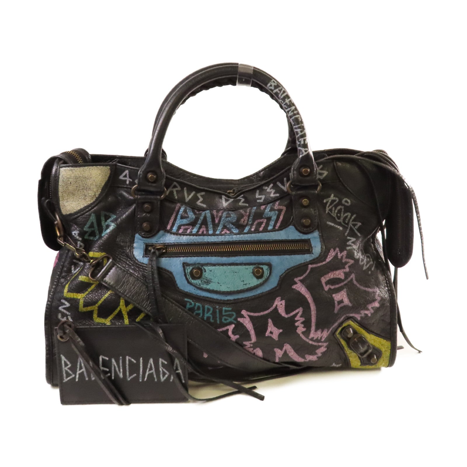 BALENCIAGA 牛皮皮革Graffiti City 2way Shoulder Bag金扣手挽肩背兩用袋黑色/彩色