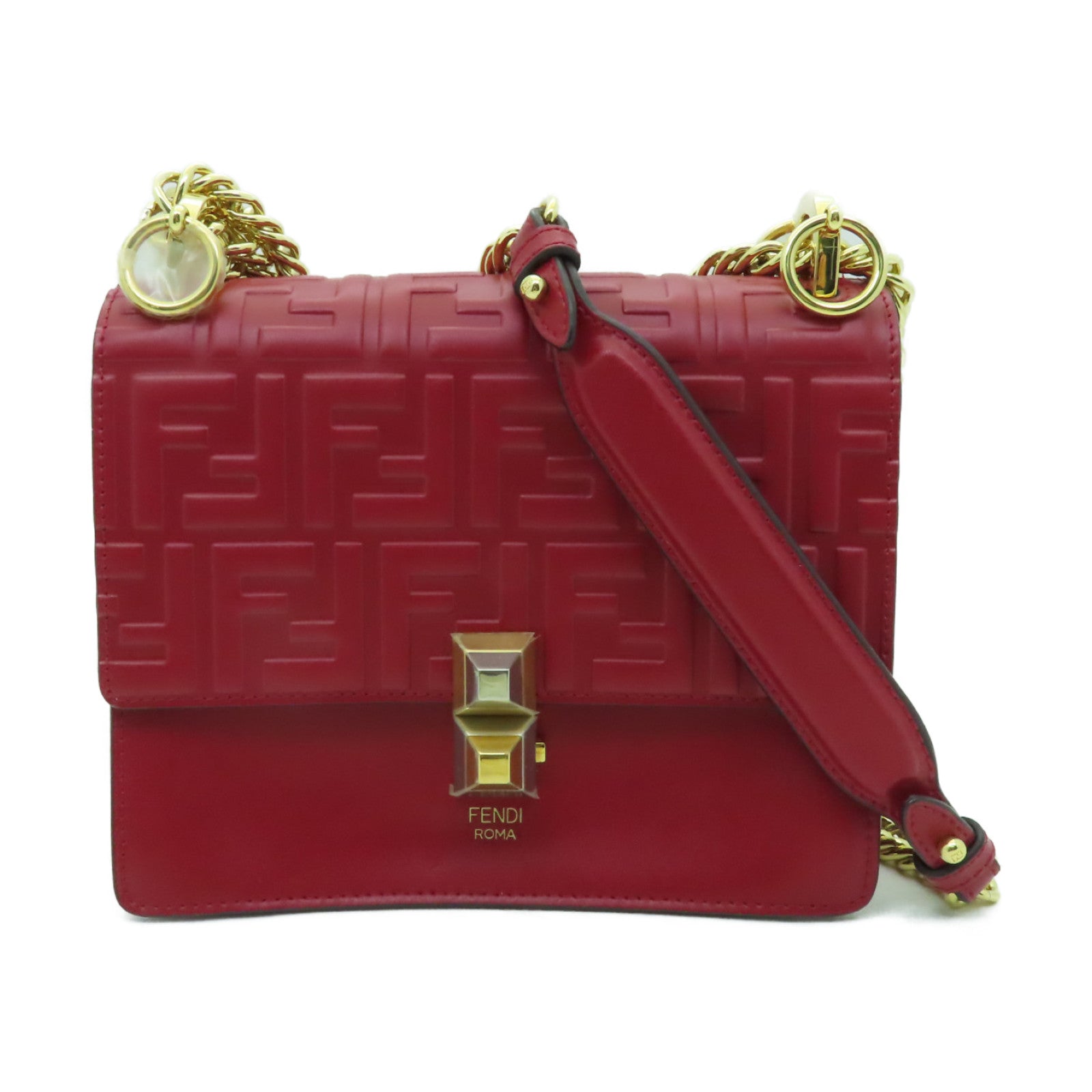 FENDI 牛皮皮革Kan I金扣鏈帶肩背袋紅色