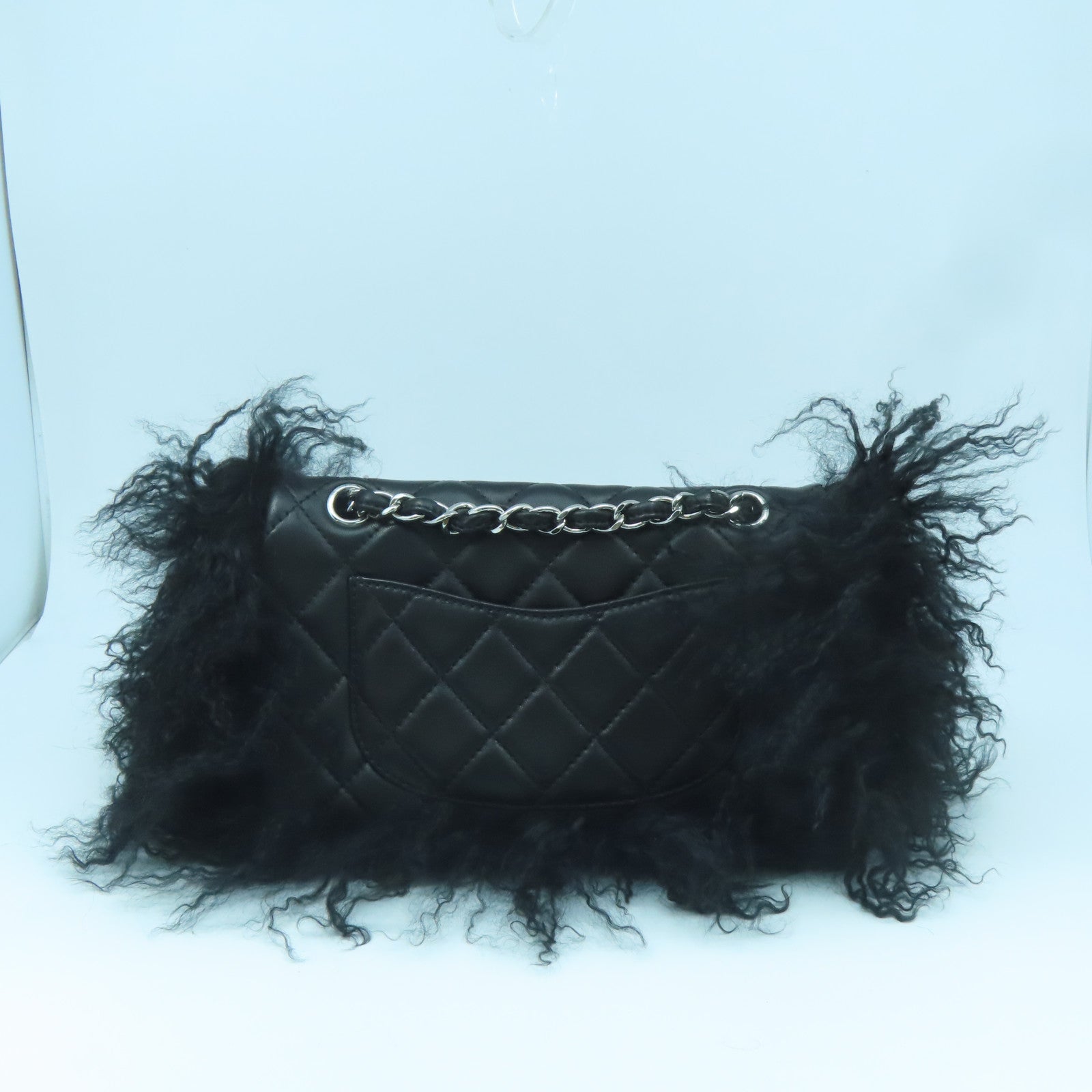 CHANEL rhombic cowhide leather / furry Chain Shoulder Bag silver buckle chain shoulder bag black