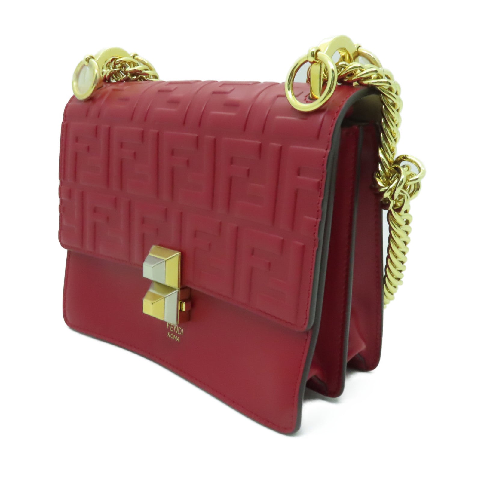 FENDI 牛皮皮革Kan I金扣鏈帶肩背袋紅色
