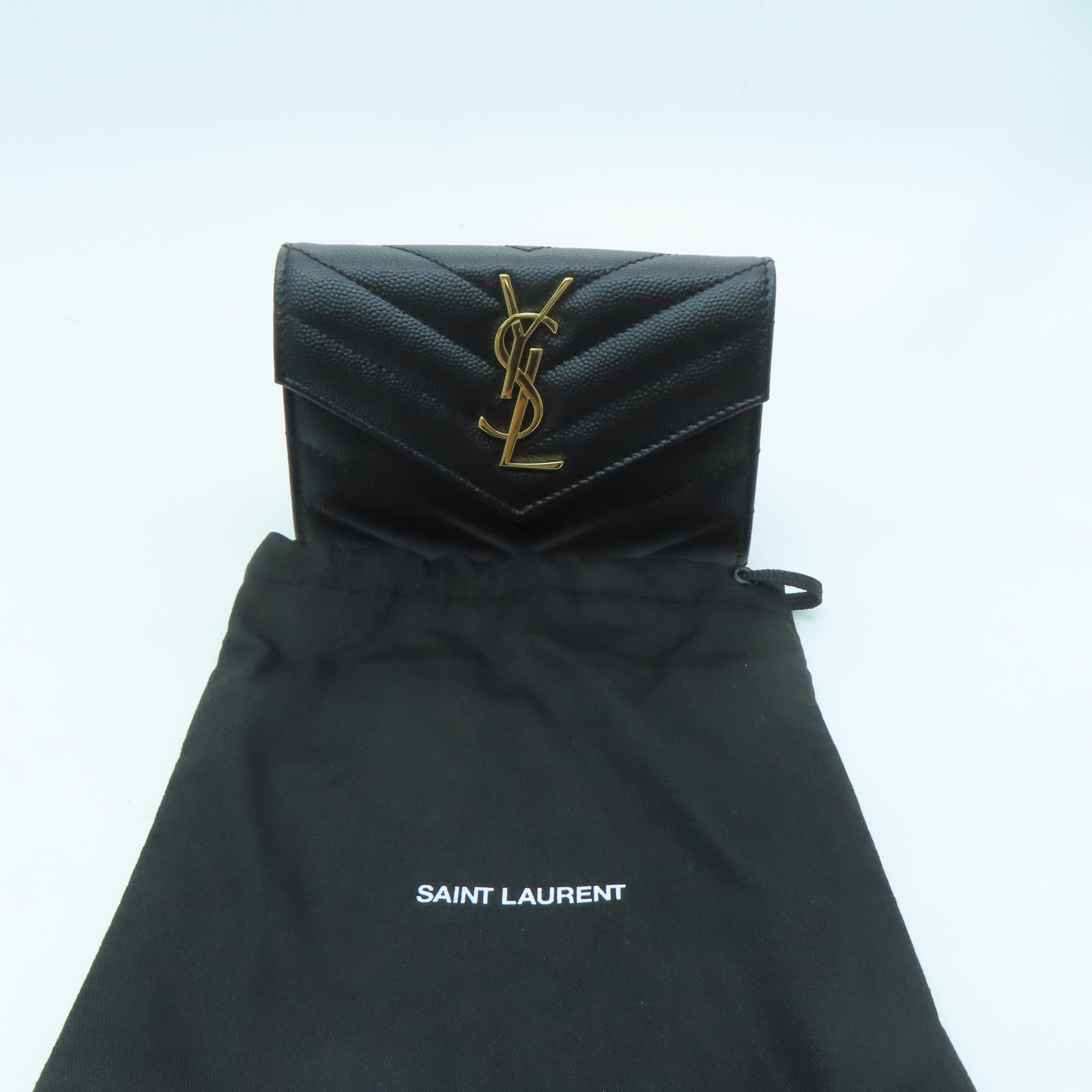 SAINT LAURENT Twill Calfskin Leather Card Case Gold Buckle Black
