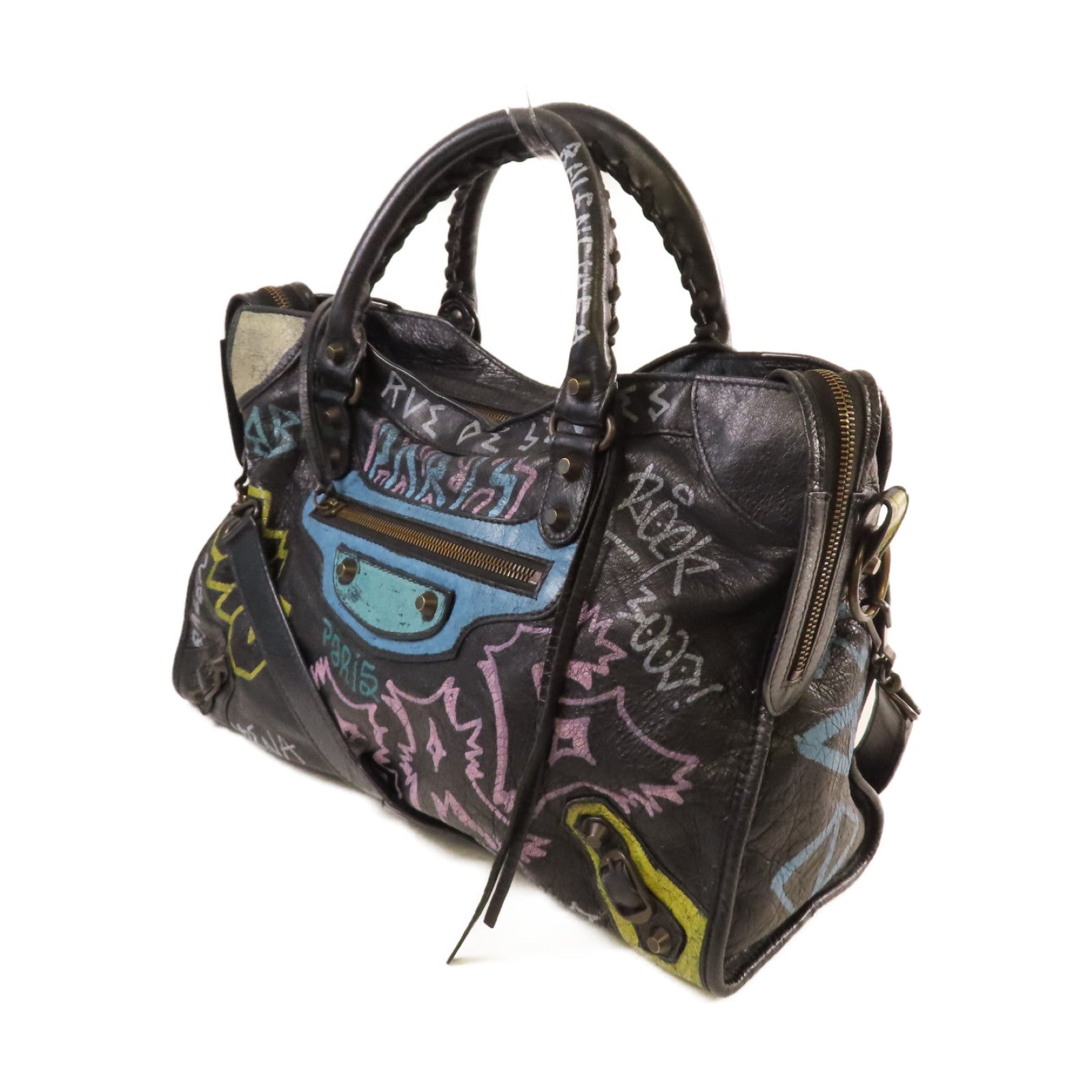 BALENCIAGA 牛皮皮革Graffiti City 2way Shoulder Bag金扣手挽肩背兩用袋黑色/彩色