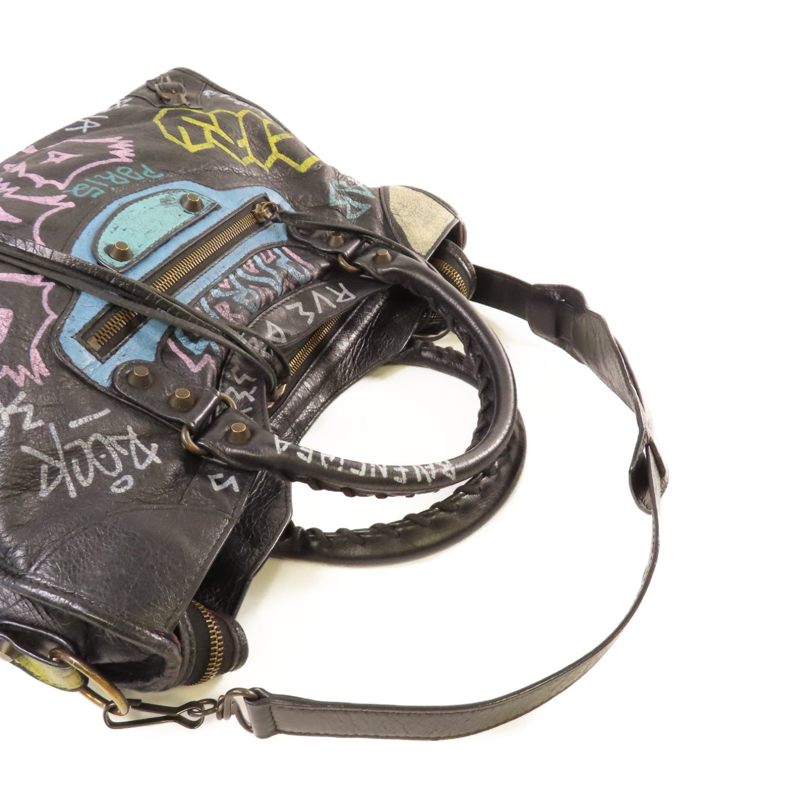 BALENCIAGA 牛皮皮革Graffiti City 2way Shoulder Bag金扣手挽肩背兩用袋黑色/彩色