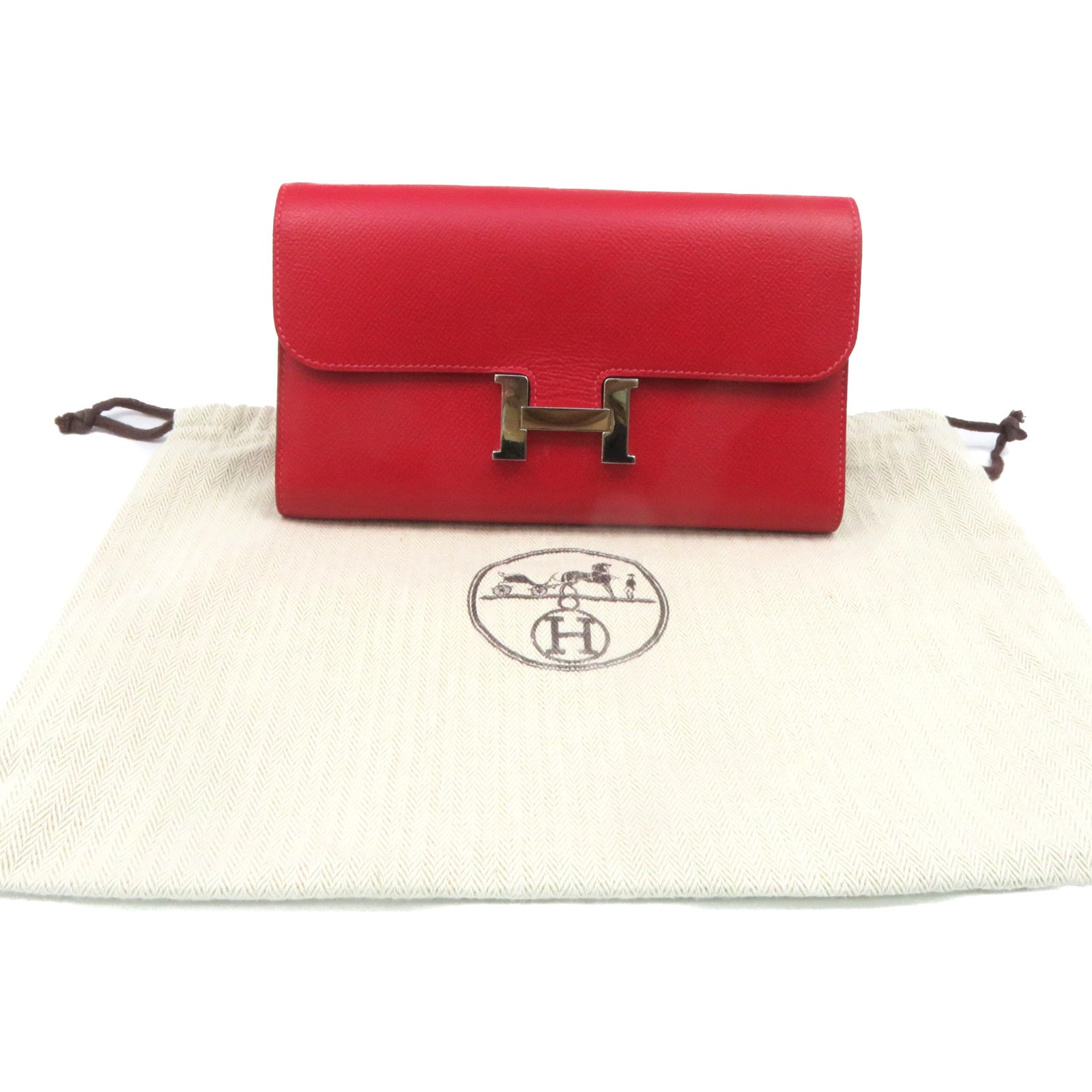 HERMES Epsom皮革Constance Wallet銀扣長錢包Rouge Casaque紅色