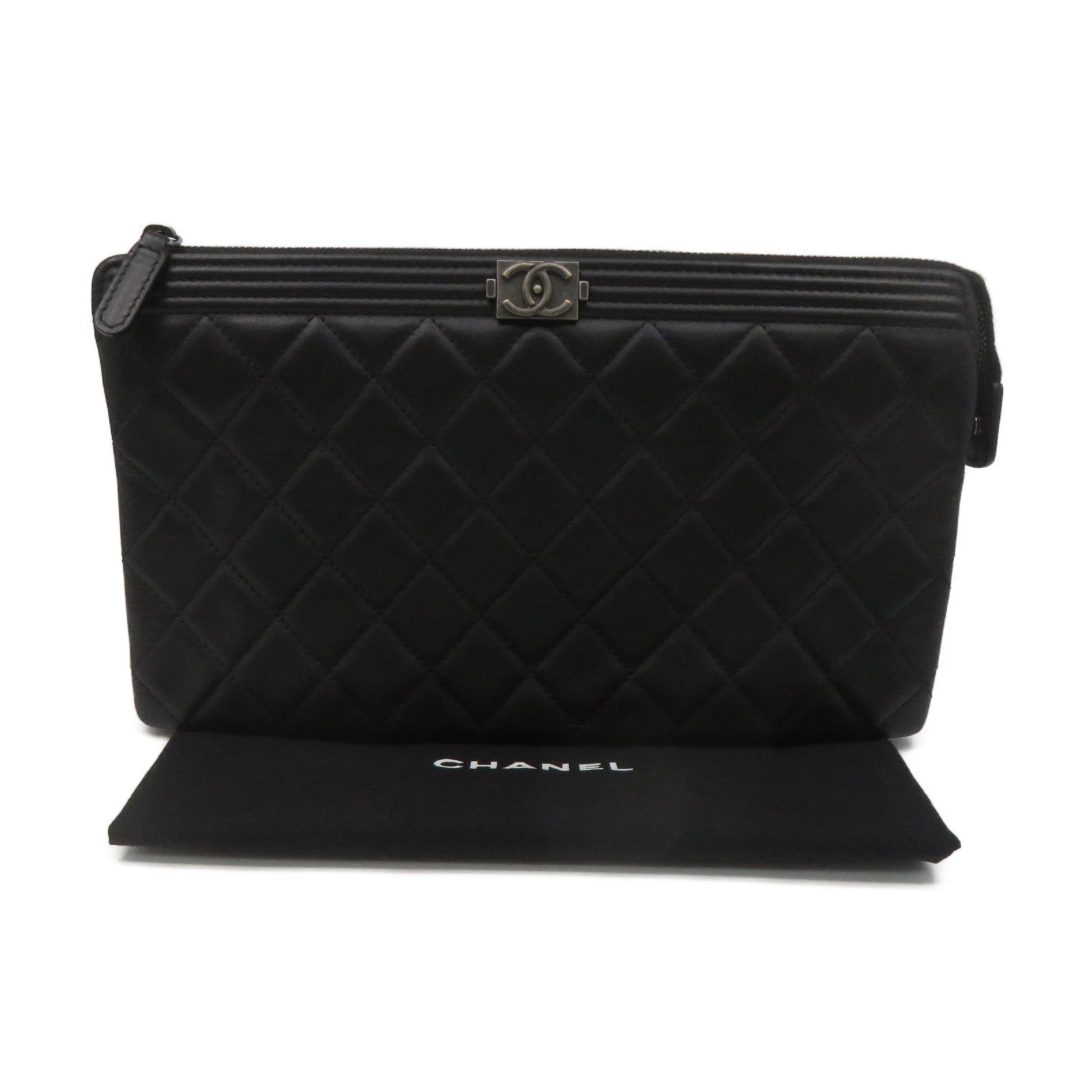 CHANEL rhombic cowhide leather Clutch Bag silver buckle clutch bag black