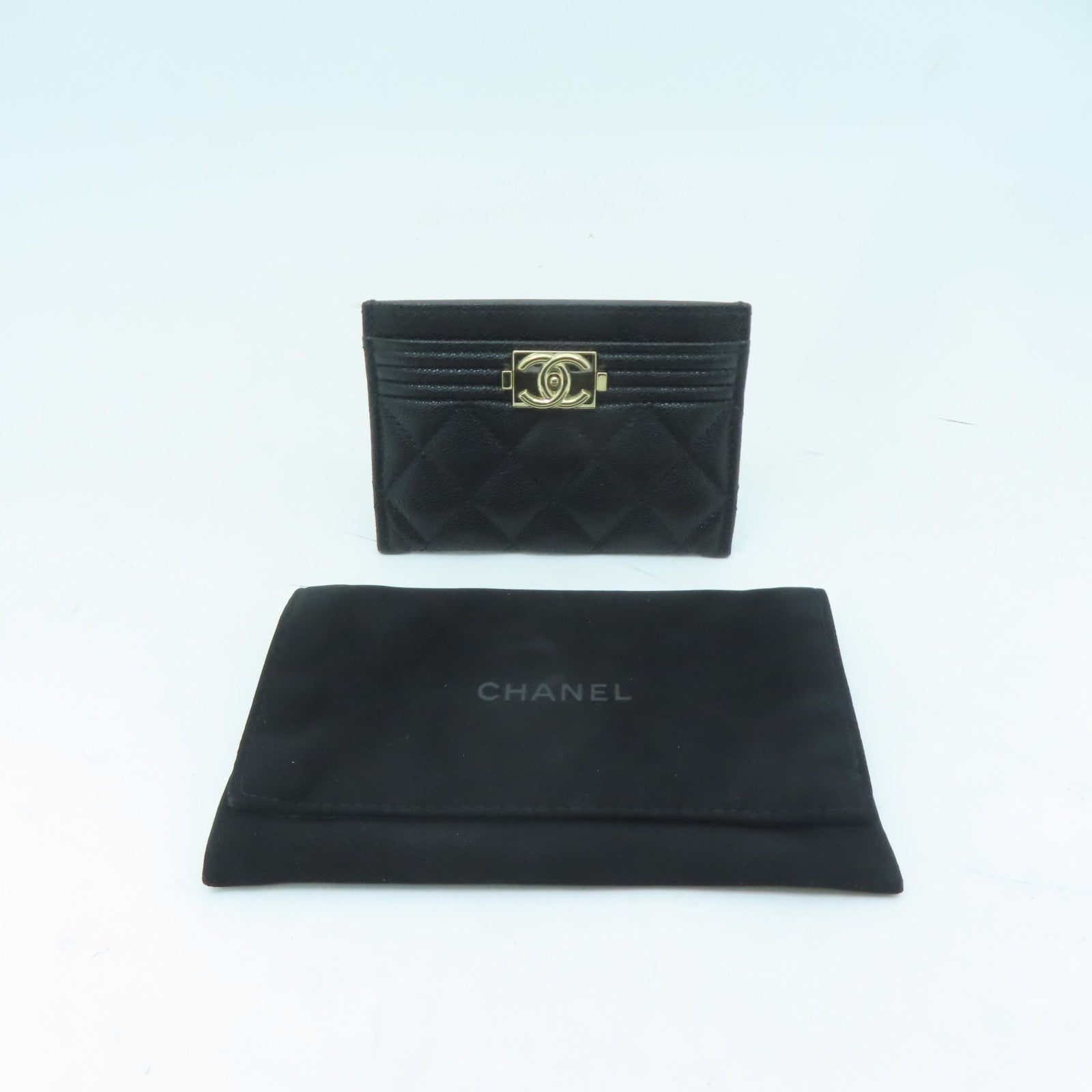 CHANEL 菱格Caviar皮革Card Case金扣卡片套黑色